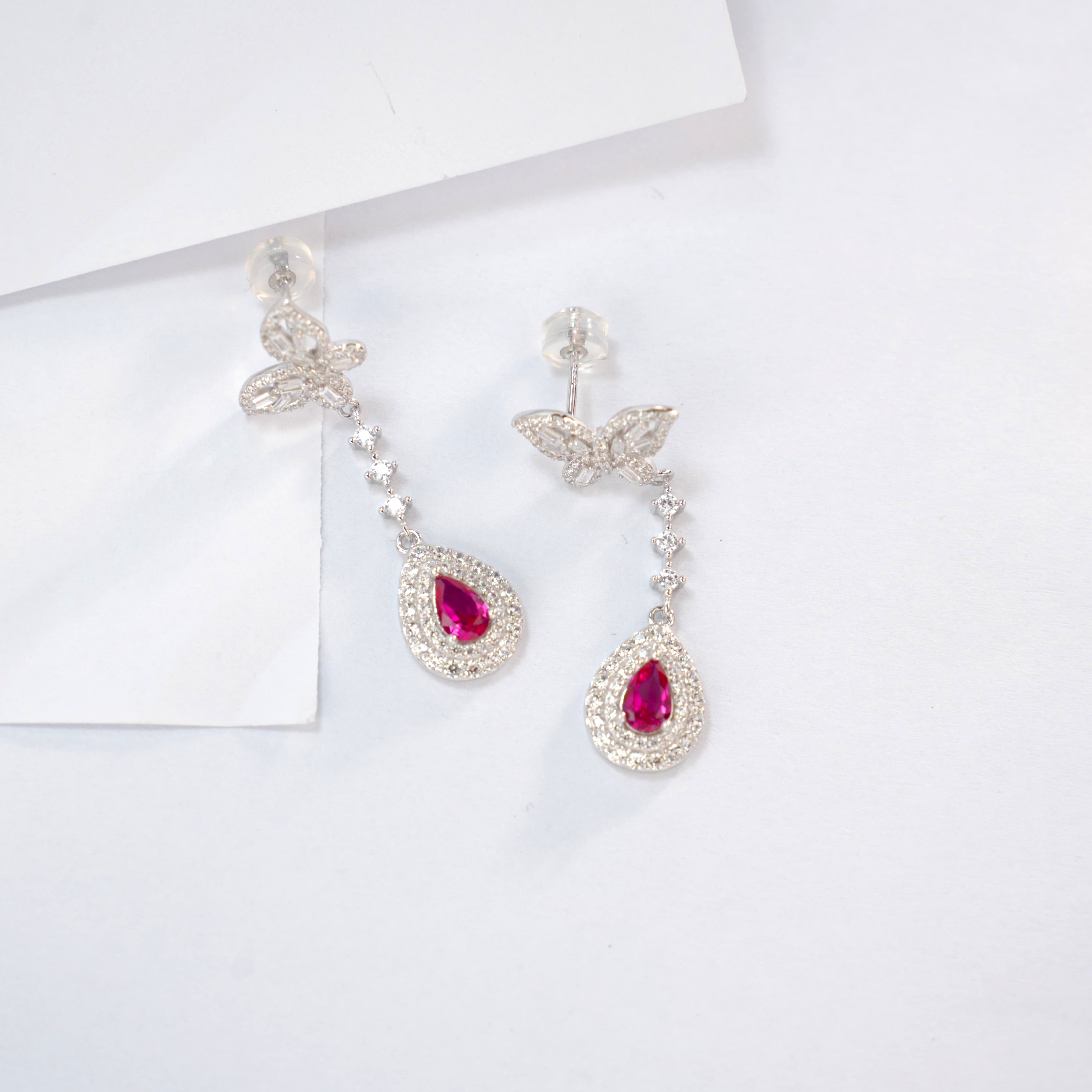 Lab-Grown Ruby - Butterfly Feather Crimson Teardrop Dangle Ear Hooks