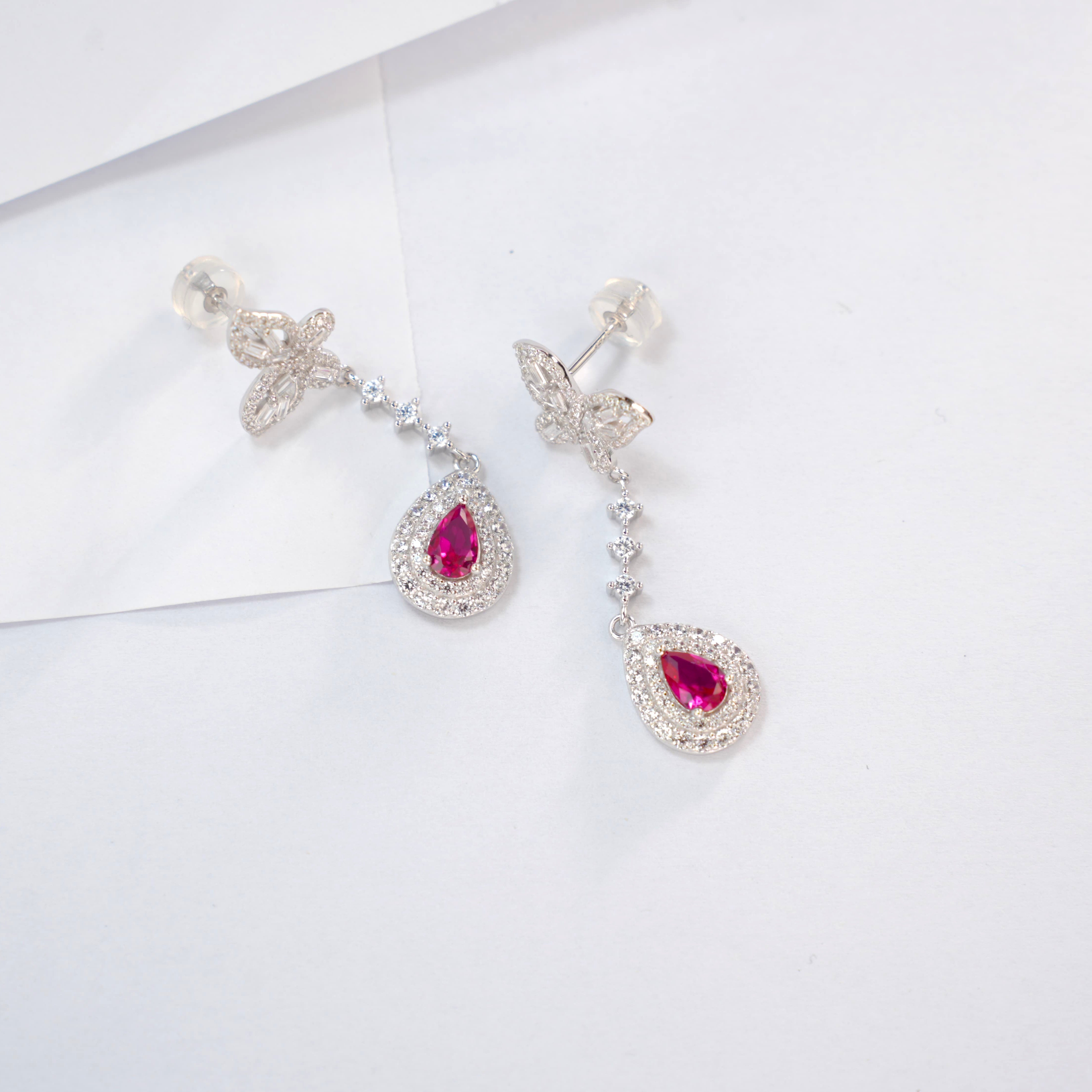 Lab-Grown Ruby - Butterfly Feather Crimson Teardrop Dangle Ear Hooks