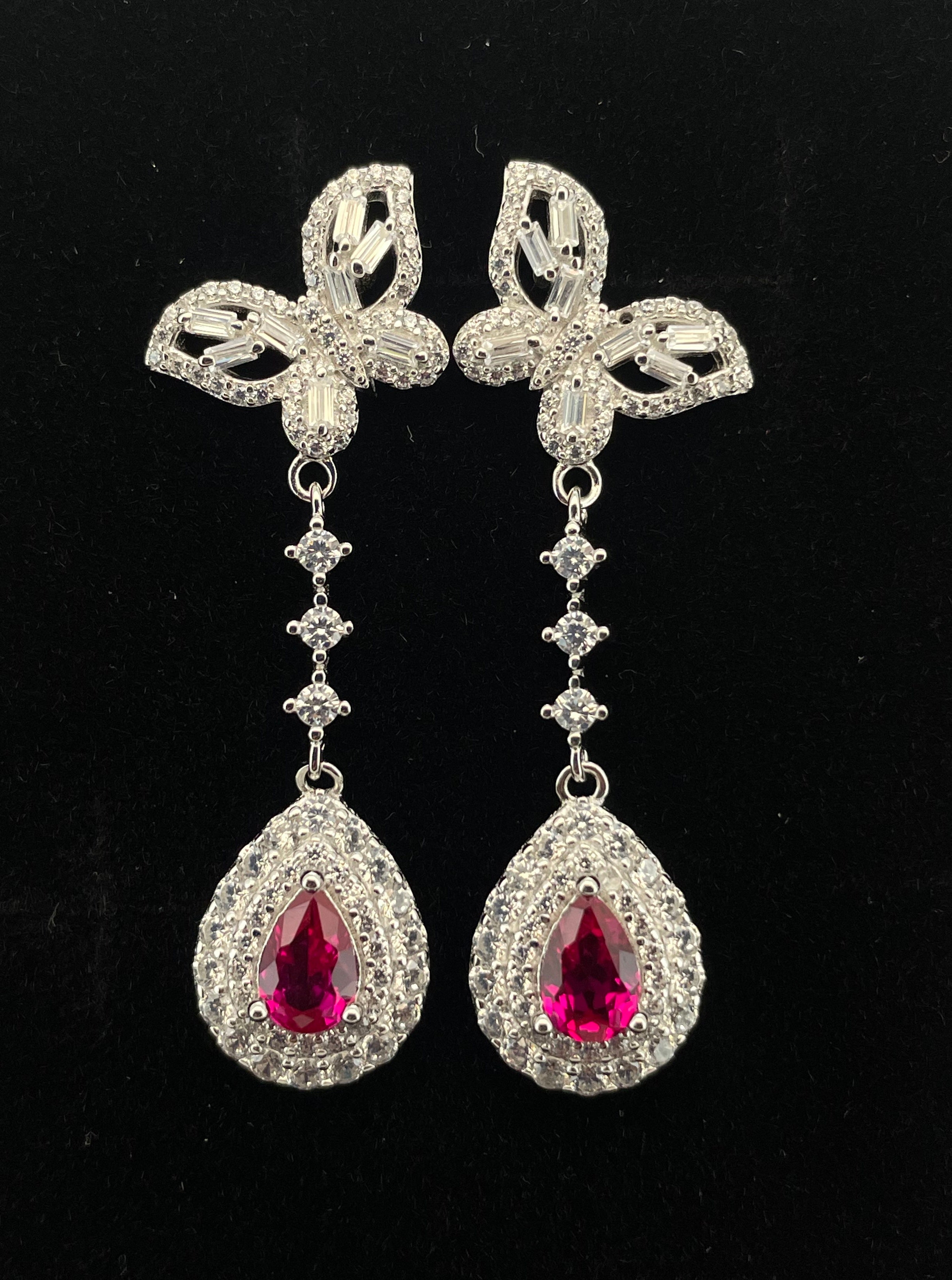 Lab-Grown Ruby - Butterfly Feather Crimson Teardrop Dangle Ear Hooks