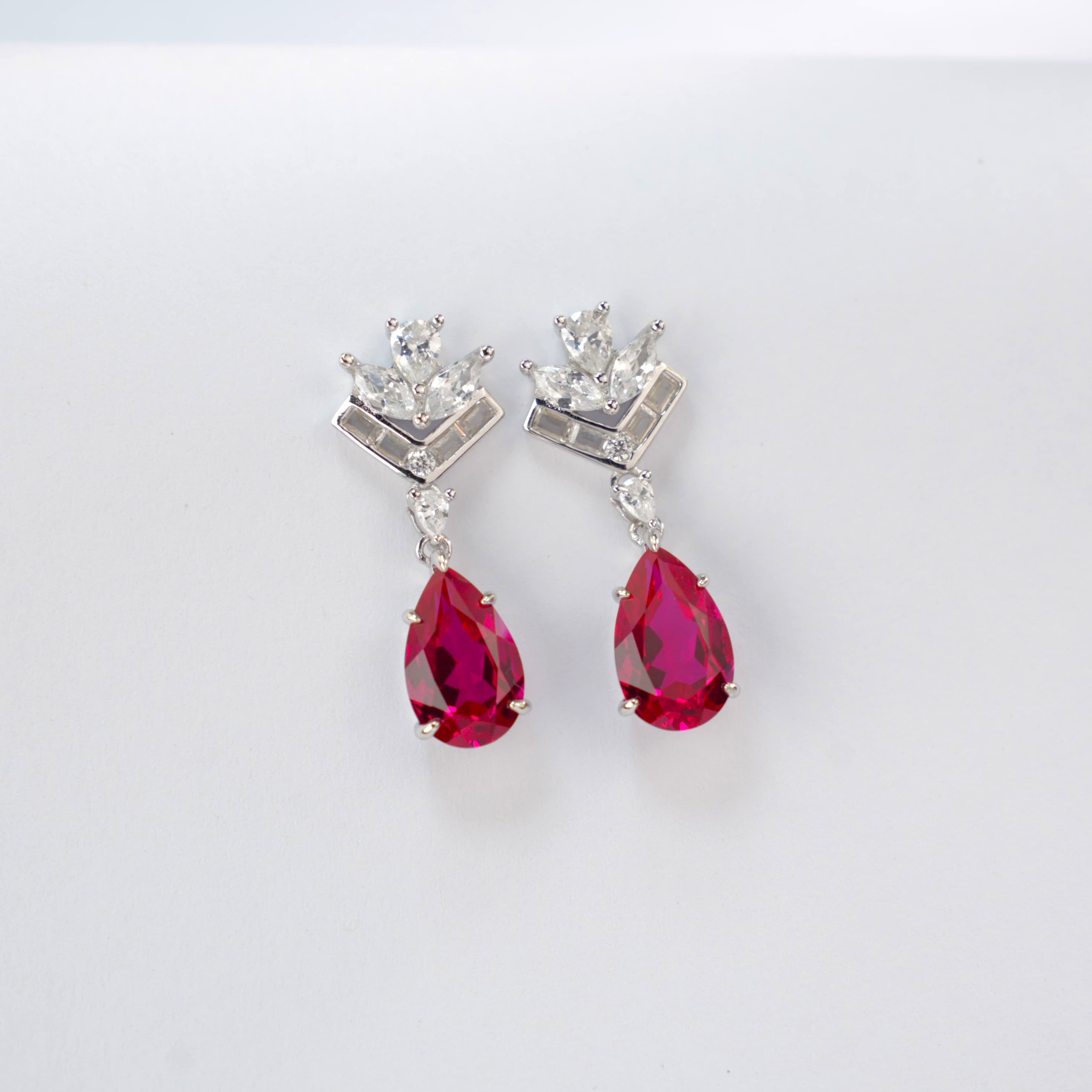 Lab-Grown Ruby - Diamond-Crowned Crimson Teardrop Dangle Ear Hooks