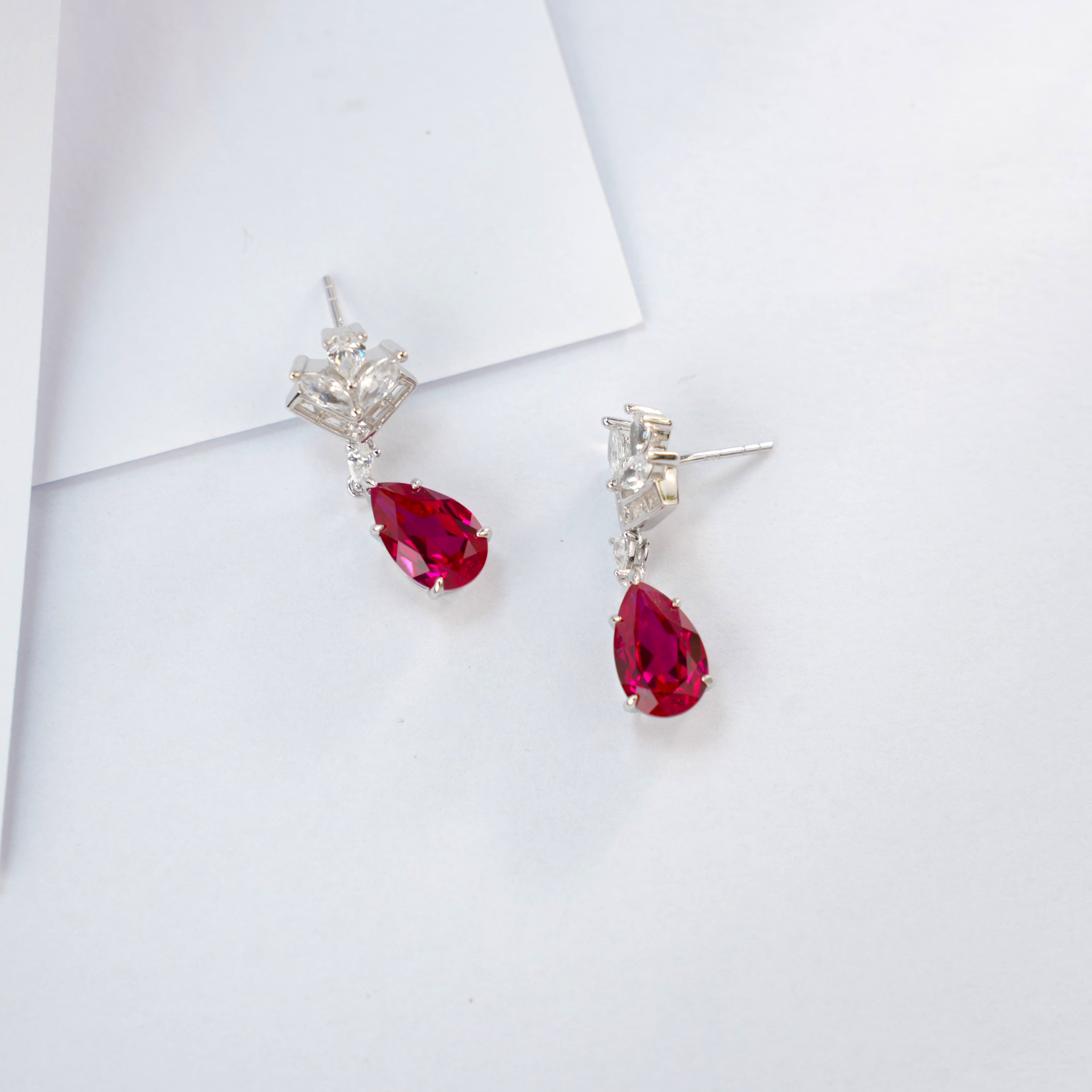 Lab-Grown Ruby - Diamond-Crowned Crimson Teardrop Dangle Ear Hooks