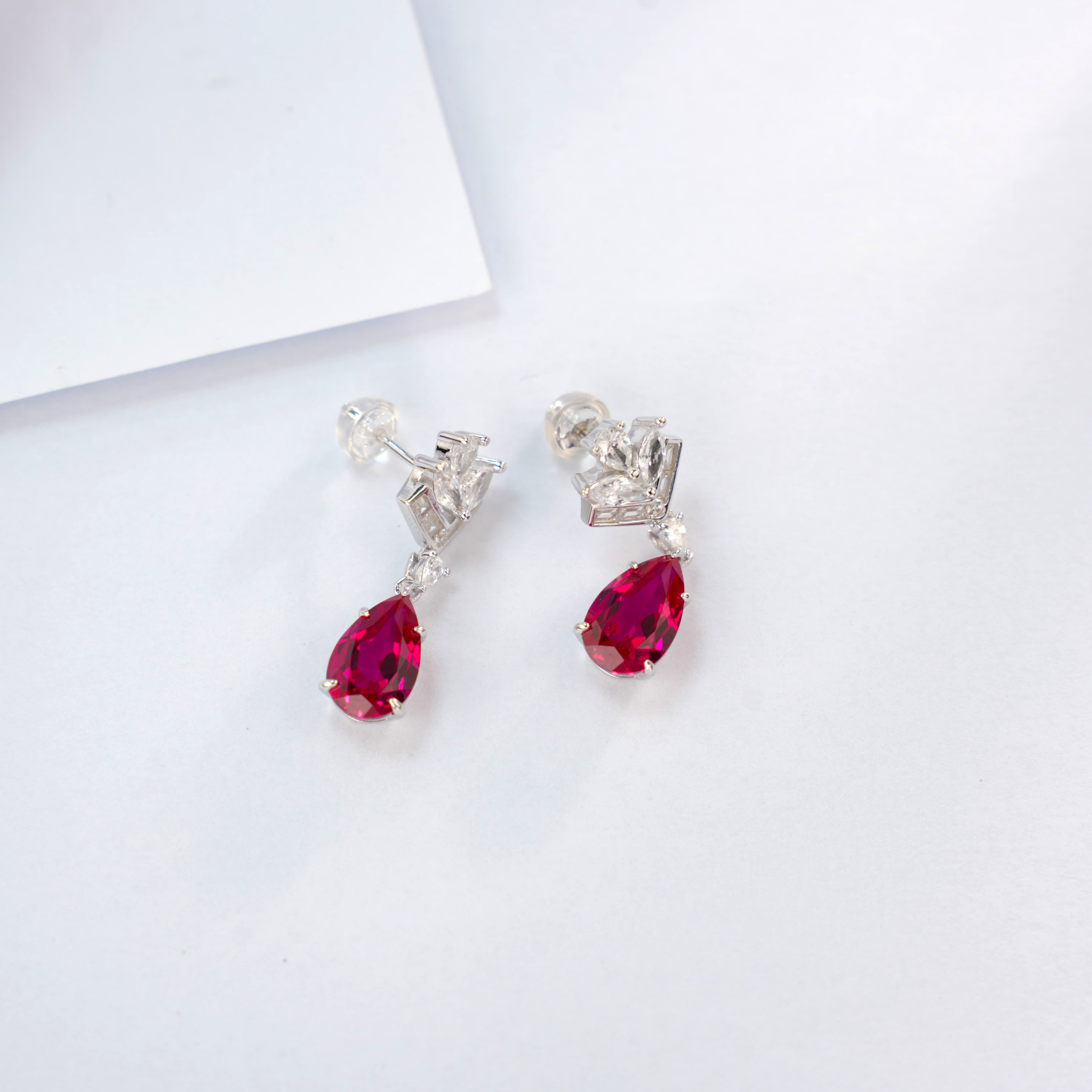 Lab-Grown Ruby - Diamond-Crowned Crimson Teardrop Dangle Ear Hooks