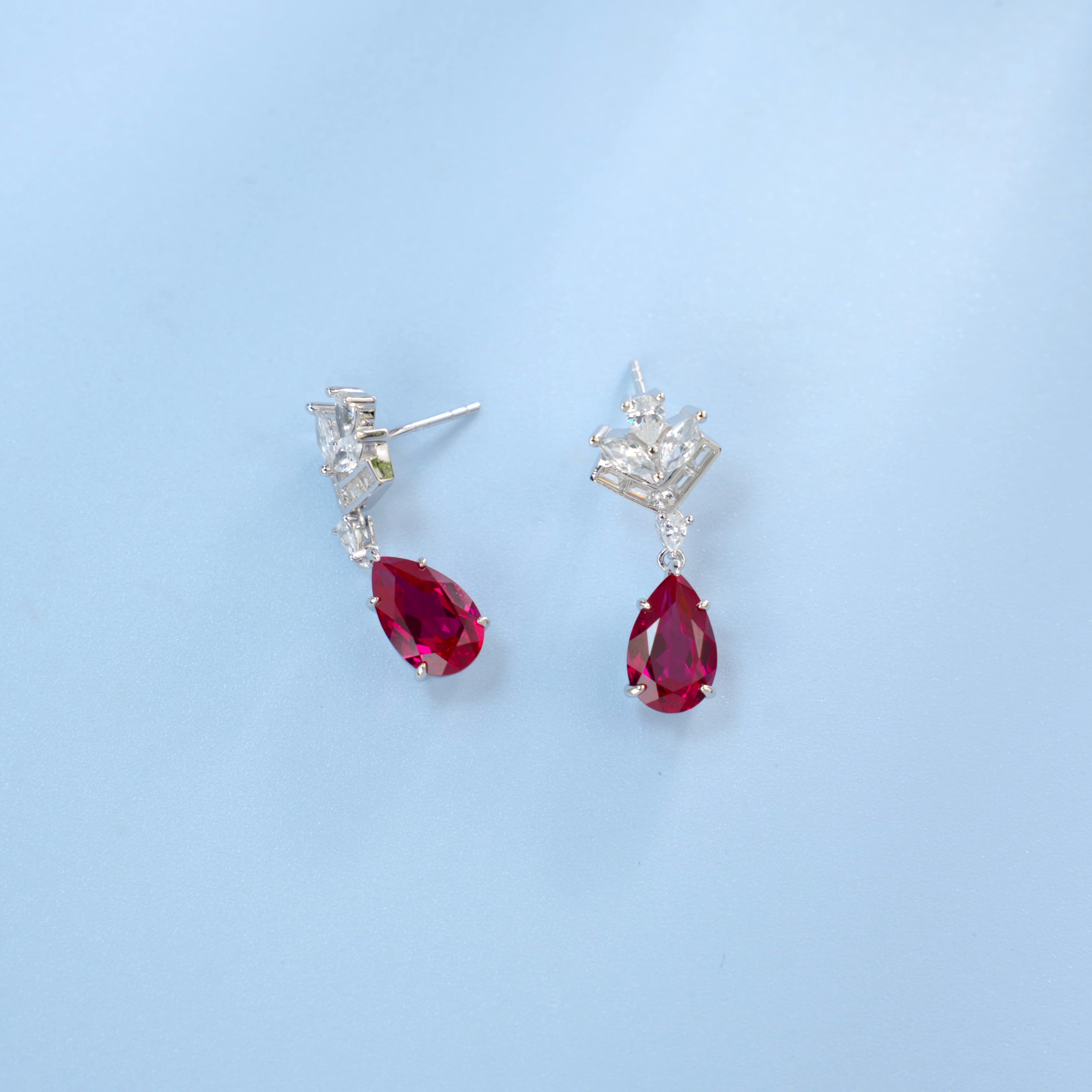 Lab-Grown Ruby - Diamond-Crowned Crimson Teardrop Dangle Ear Hooks