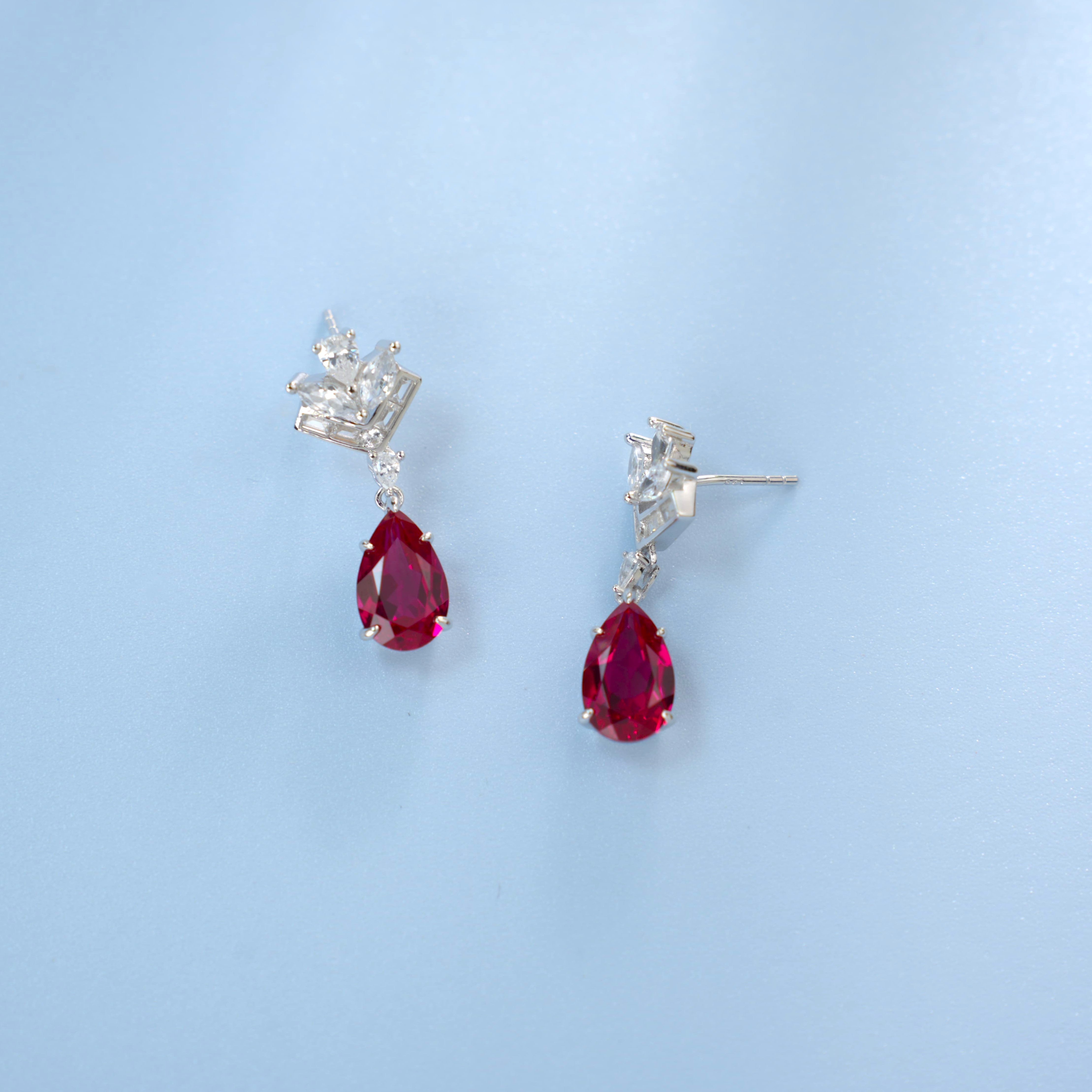 Lab-Grown Ruby - Diamond-Crowned Crimson Teardrop Dangle Ear Hooks