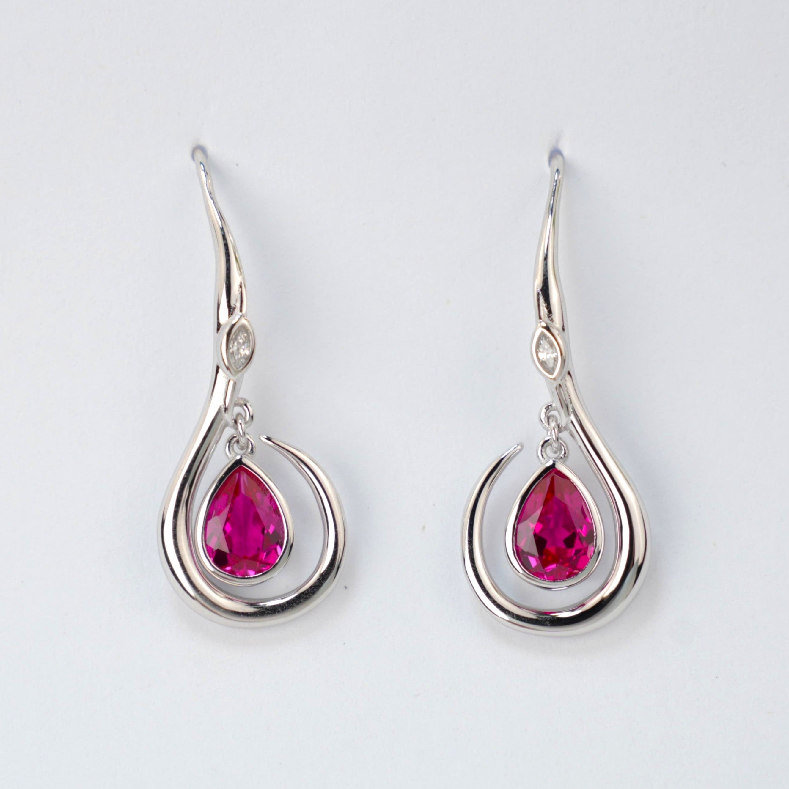 Lab-Grown Ruby - Soft-Curved Crimson Teardrop Hook Dangle Earrings