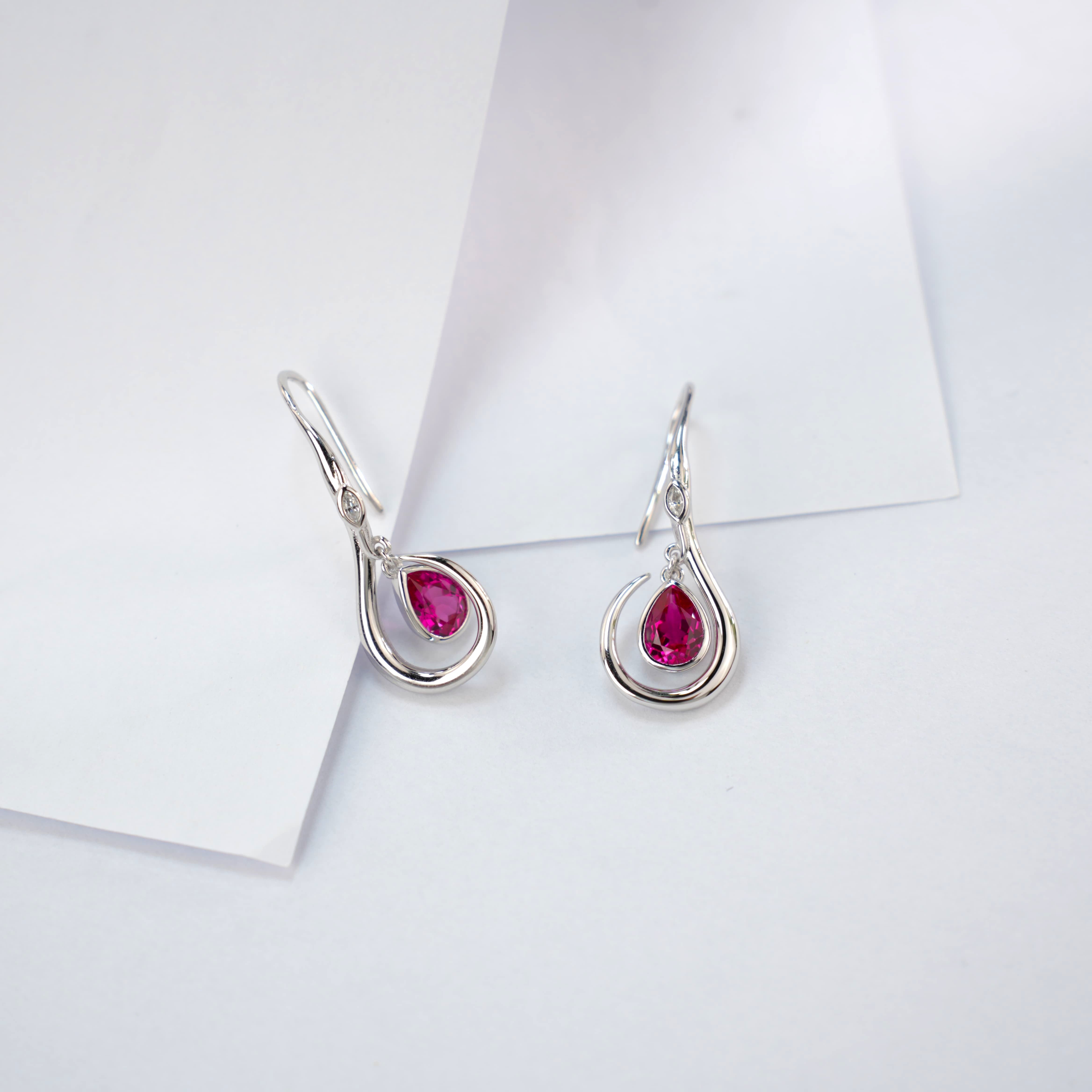 Lab-Grown Ruby - Soft-Curved Crimson Teardrop Hook Dangle Earrings