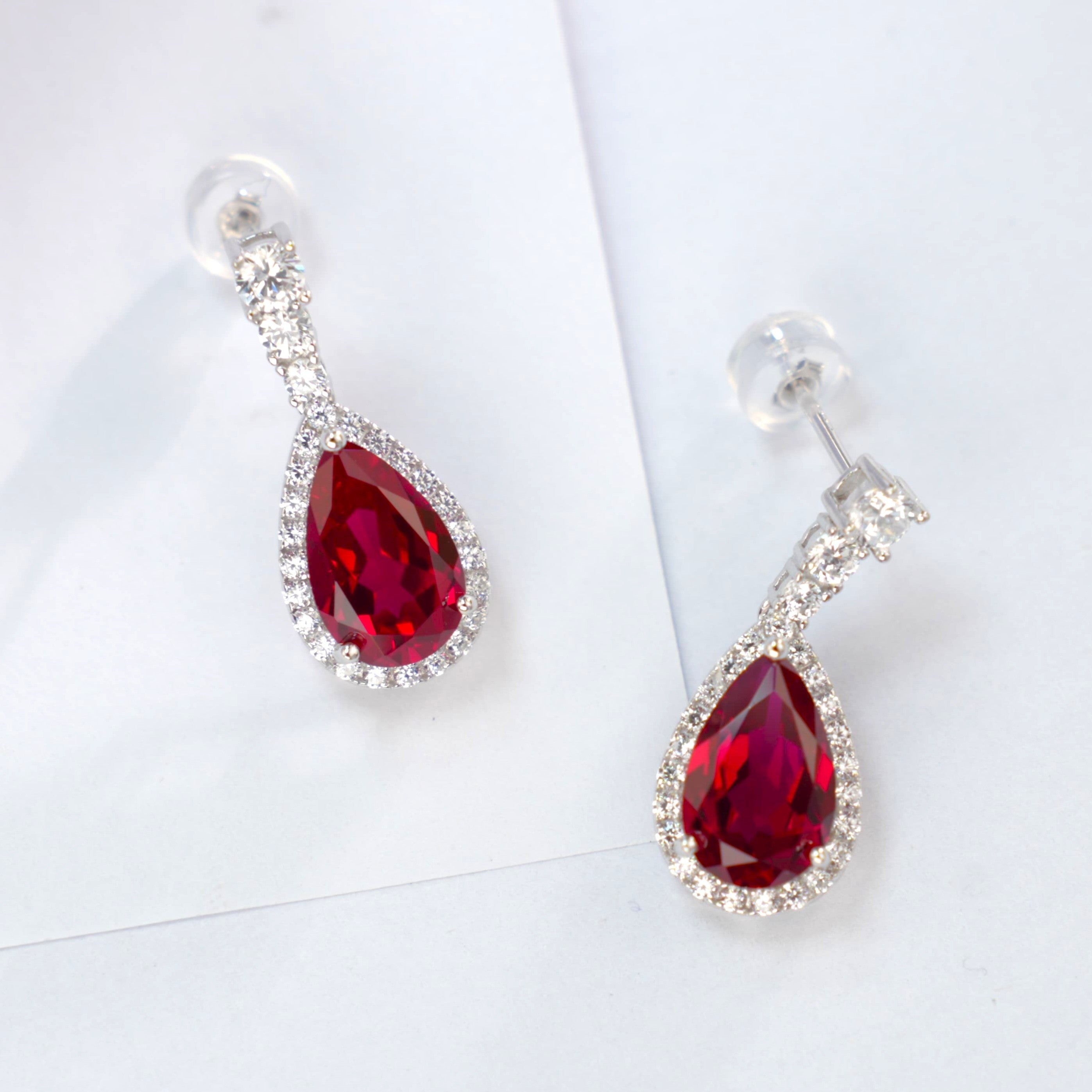 Lab-Grown Ruby - Teardrop Crimson Diamond-Halo Dangle Earrings
