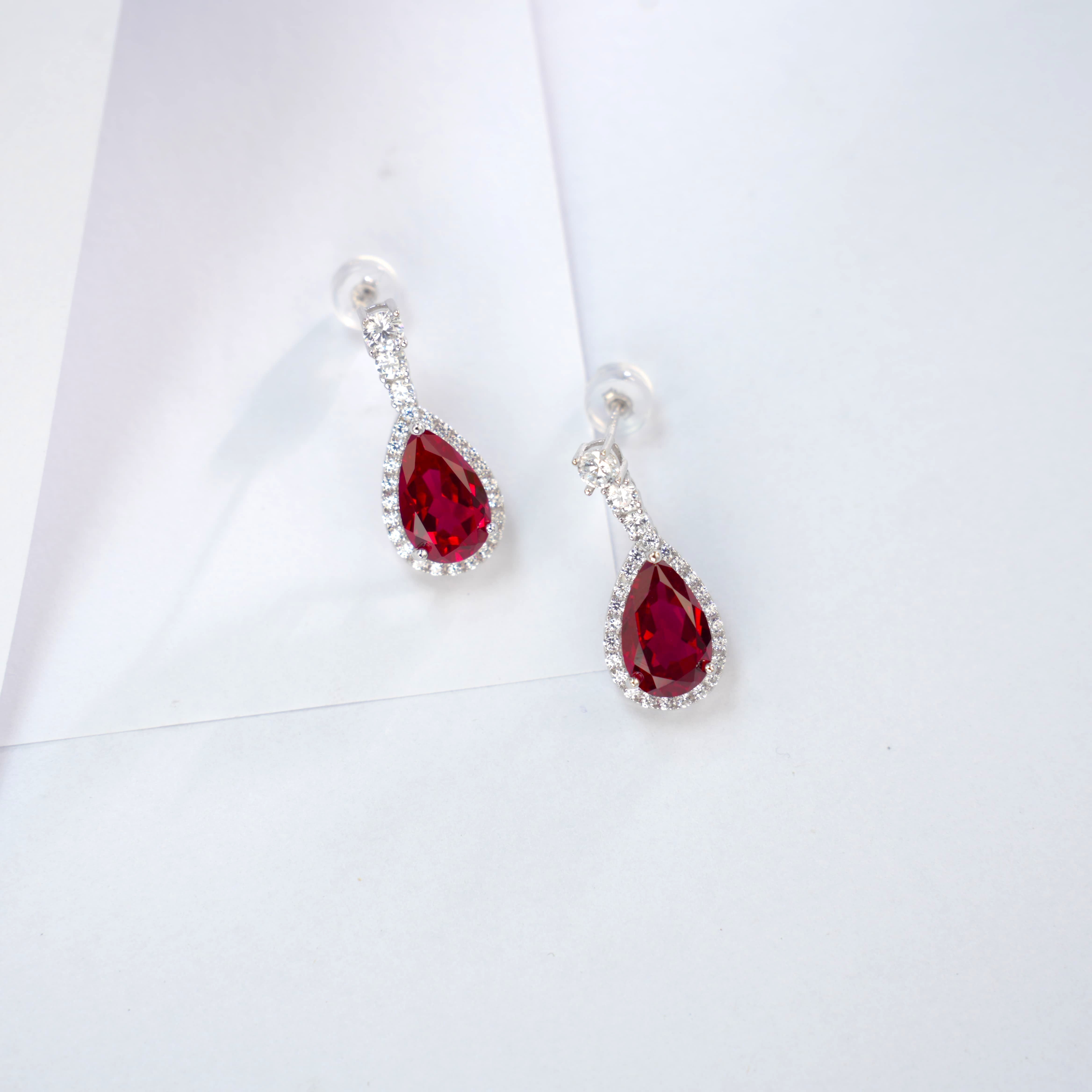 Lab-Grown Ruby - Teardrop Crimson Diamond-Halo Dangle Earrings