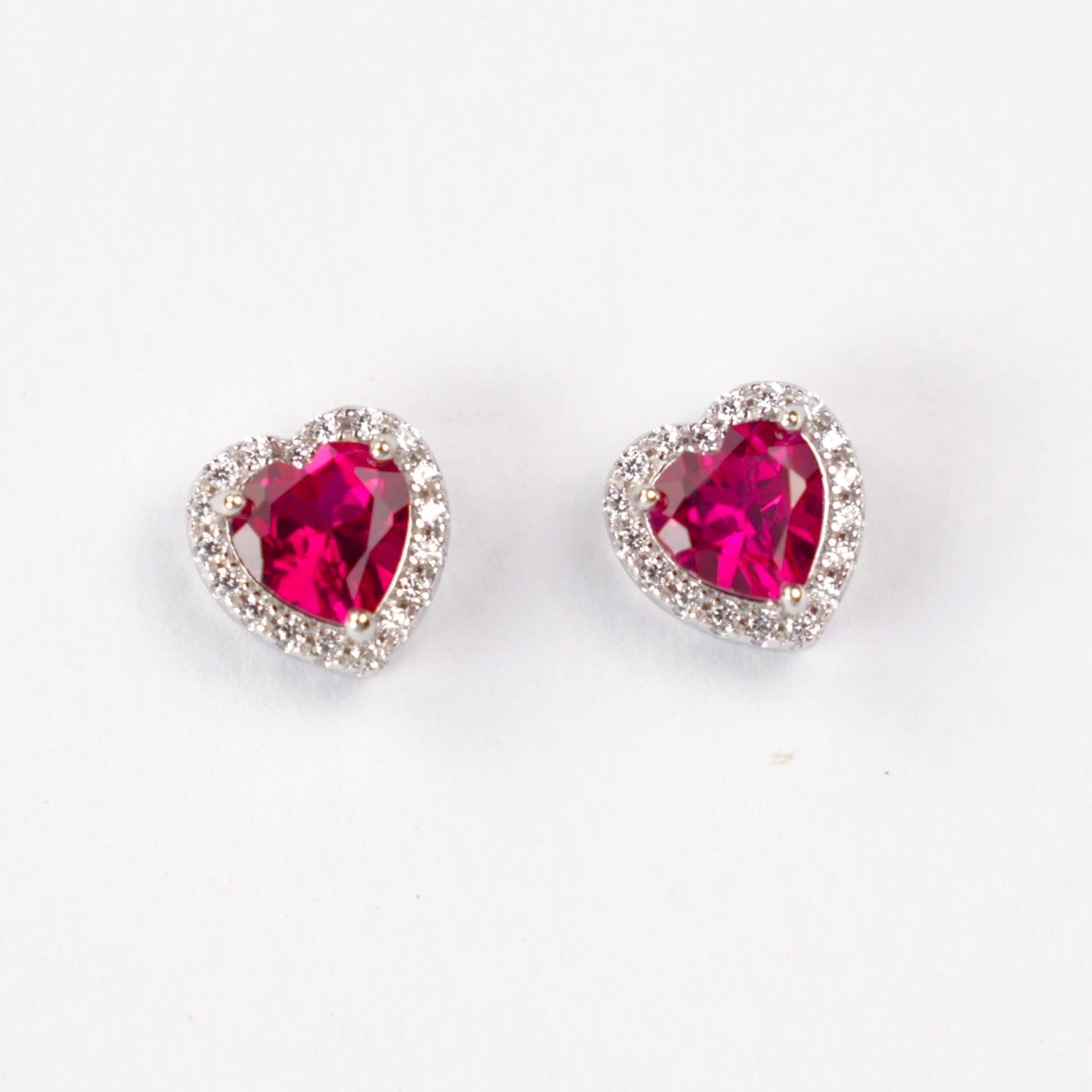 Lab-Grown Ruby - Crimson Heart Diamond-Halo Love Heart Earrings