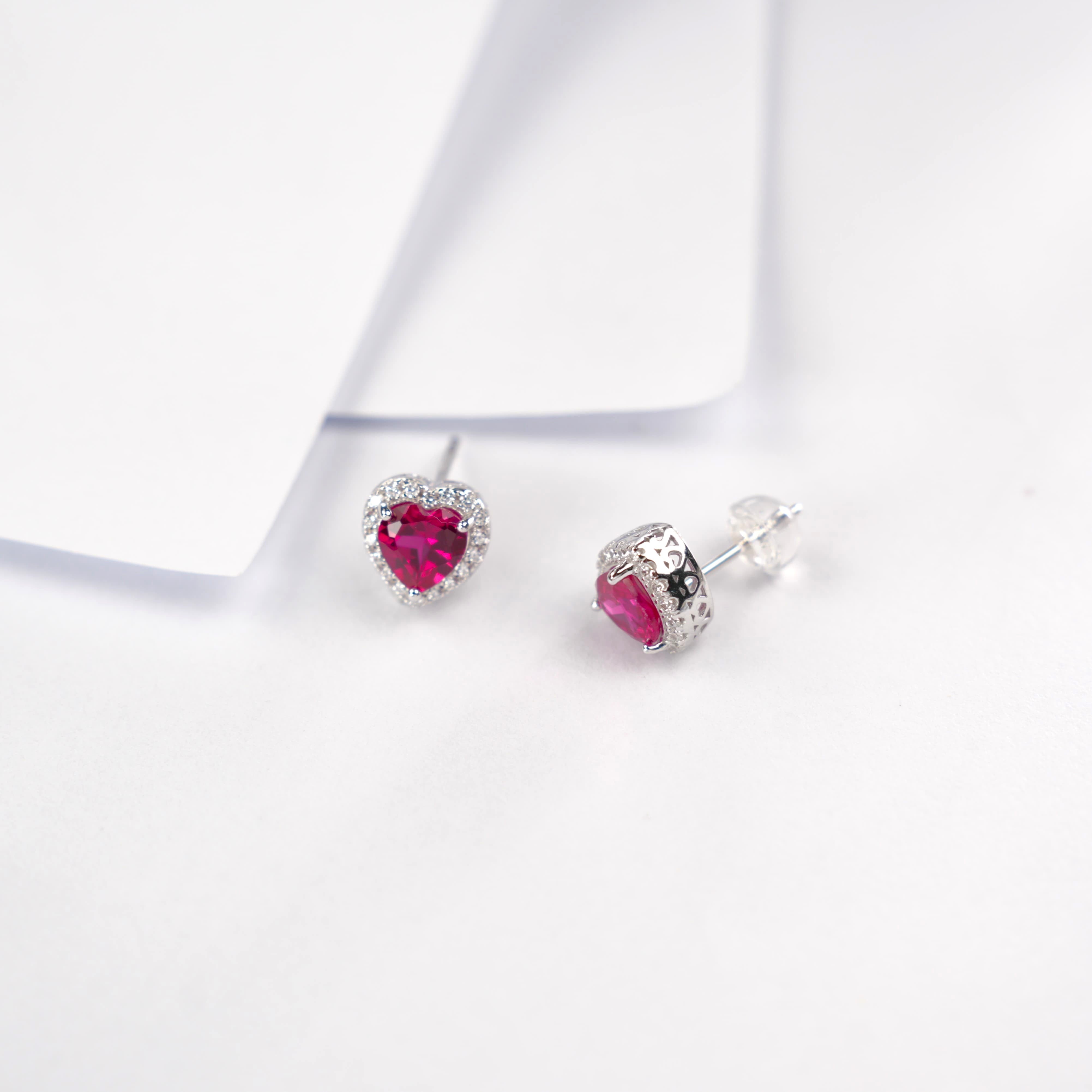 Lab-Grown Ruby - Crimson Heart Diamond-Halo Love Heart Earrings