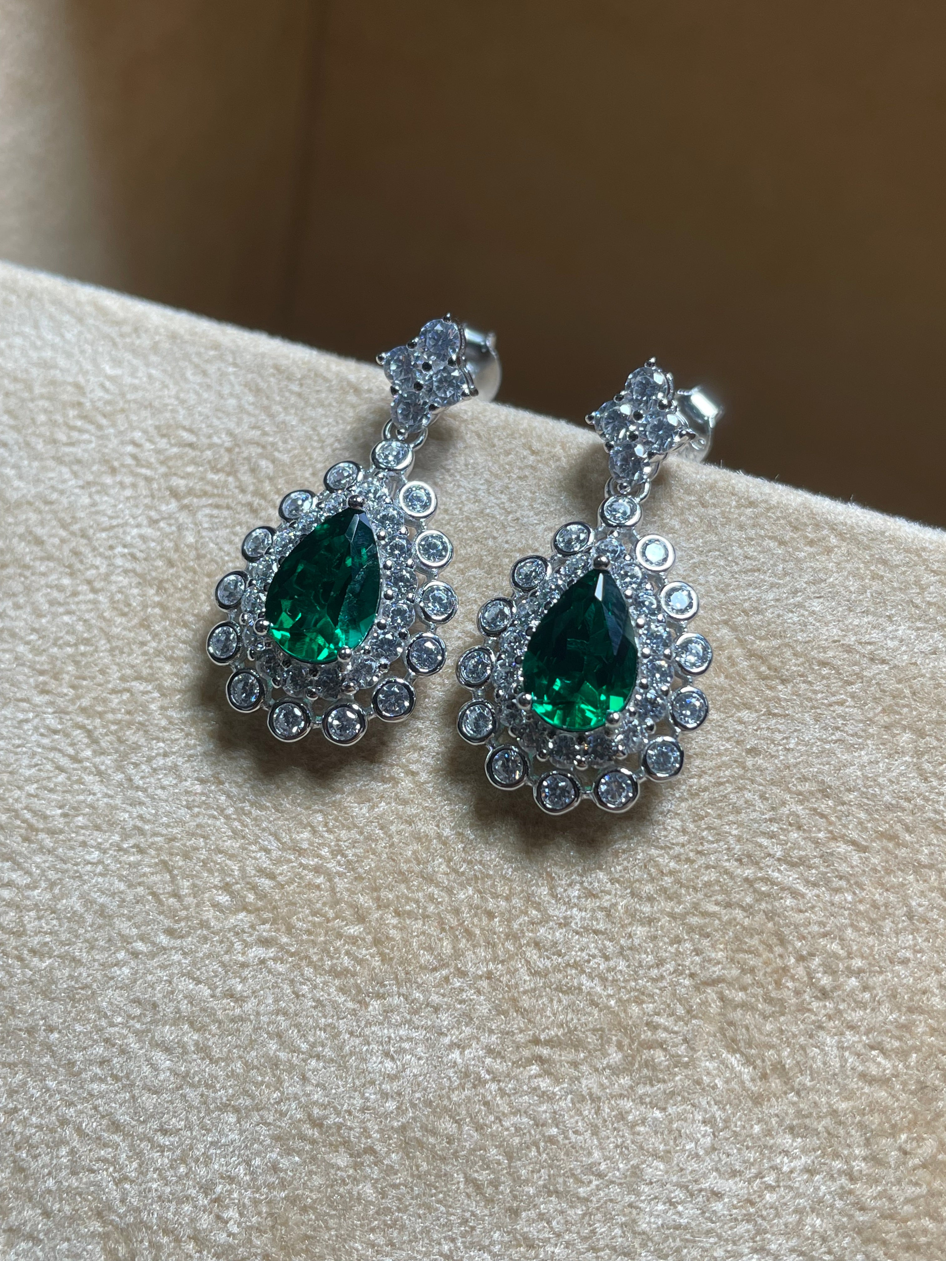 Lab-Grown Ruby - Teardrop Crimson Diamond-Cluster Dangle Earrings