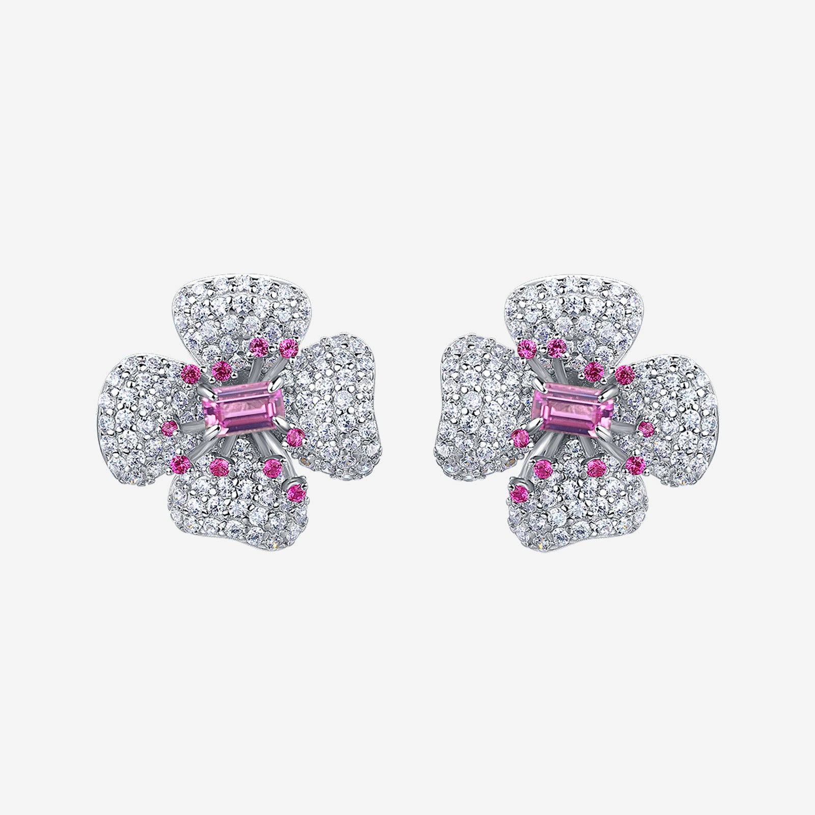 Lab-Grown Ruby - Flower-Cluster Crimson Heart Four-Leaf Earrings