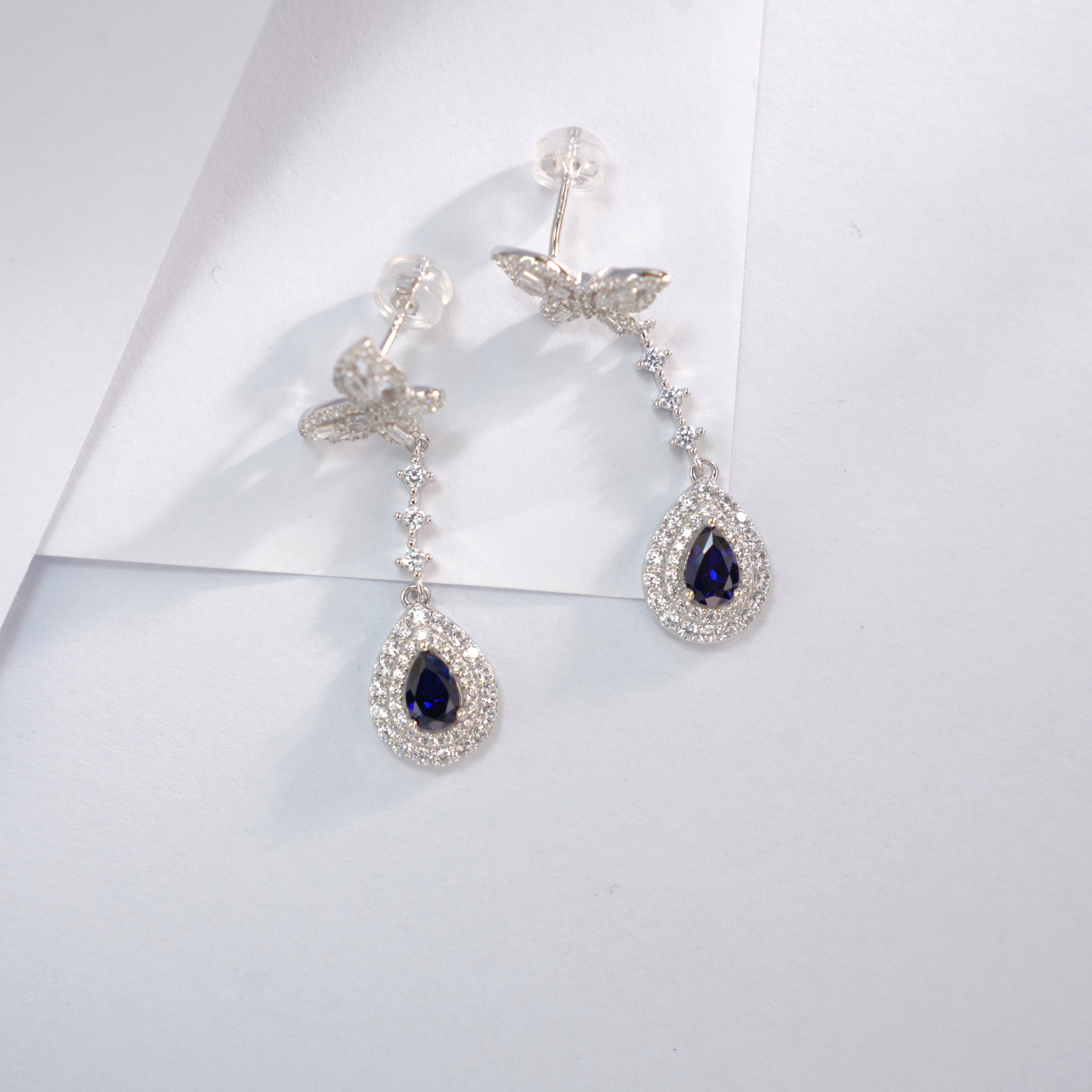 Lab-Grown Ruby - Butterfly Feather Crimson Teardrop Dangle Ear Hooks