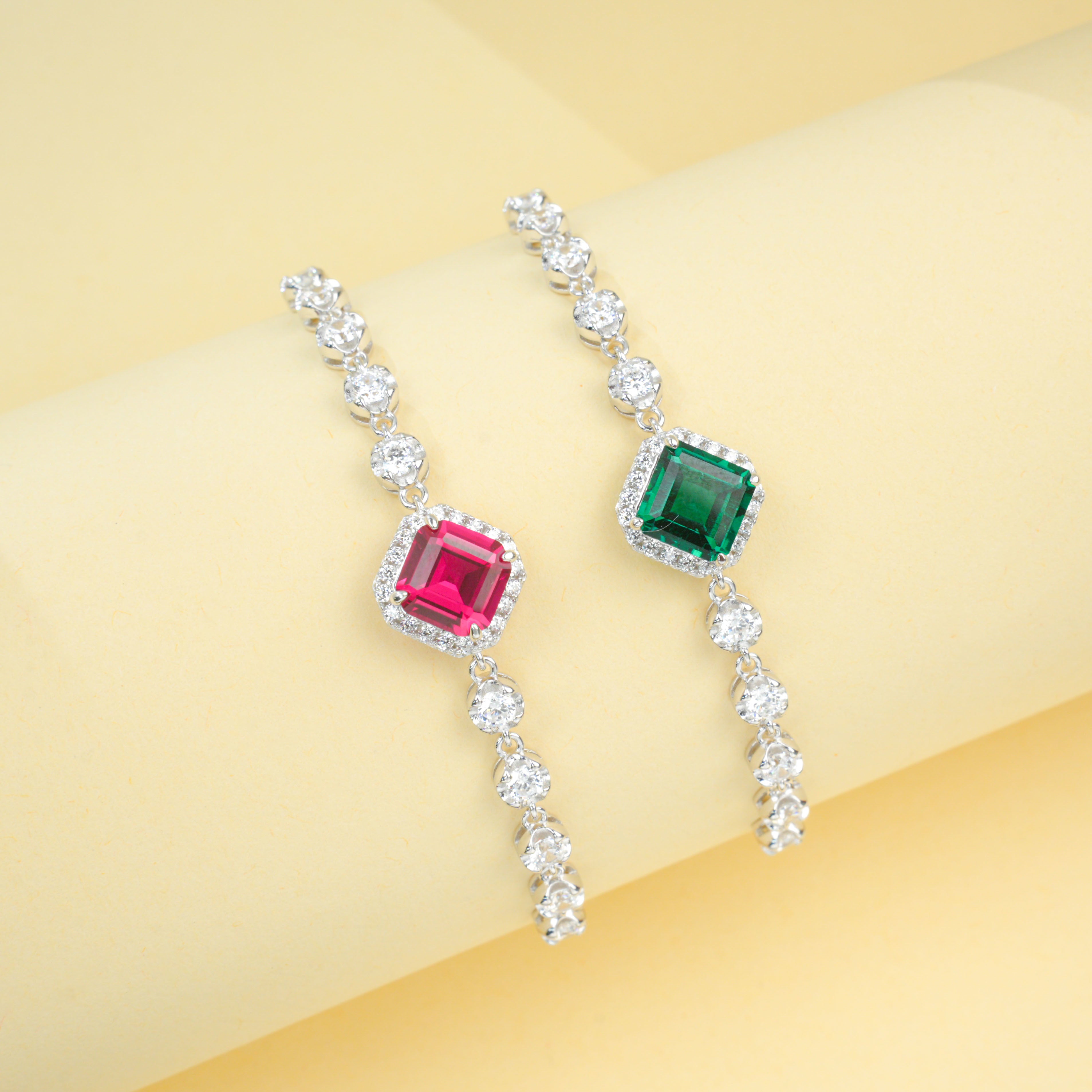 Lab-Grown Emerald - Square Emerald Diamond-Chain Soft-Wrist Bracelet