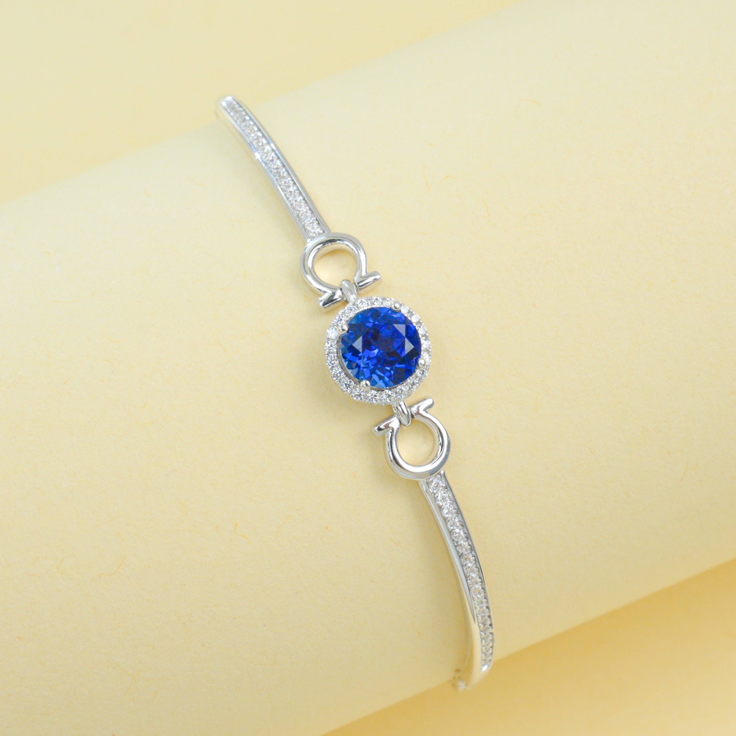 Lab-Grown Sapphire - Round Blue Diamond-Inset Soft-Arc Bracelet