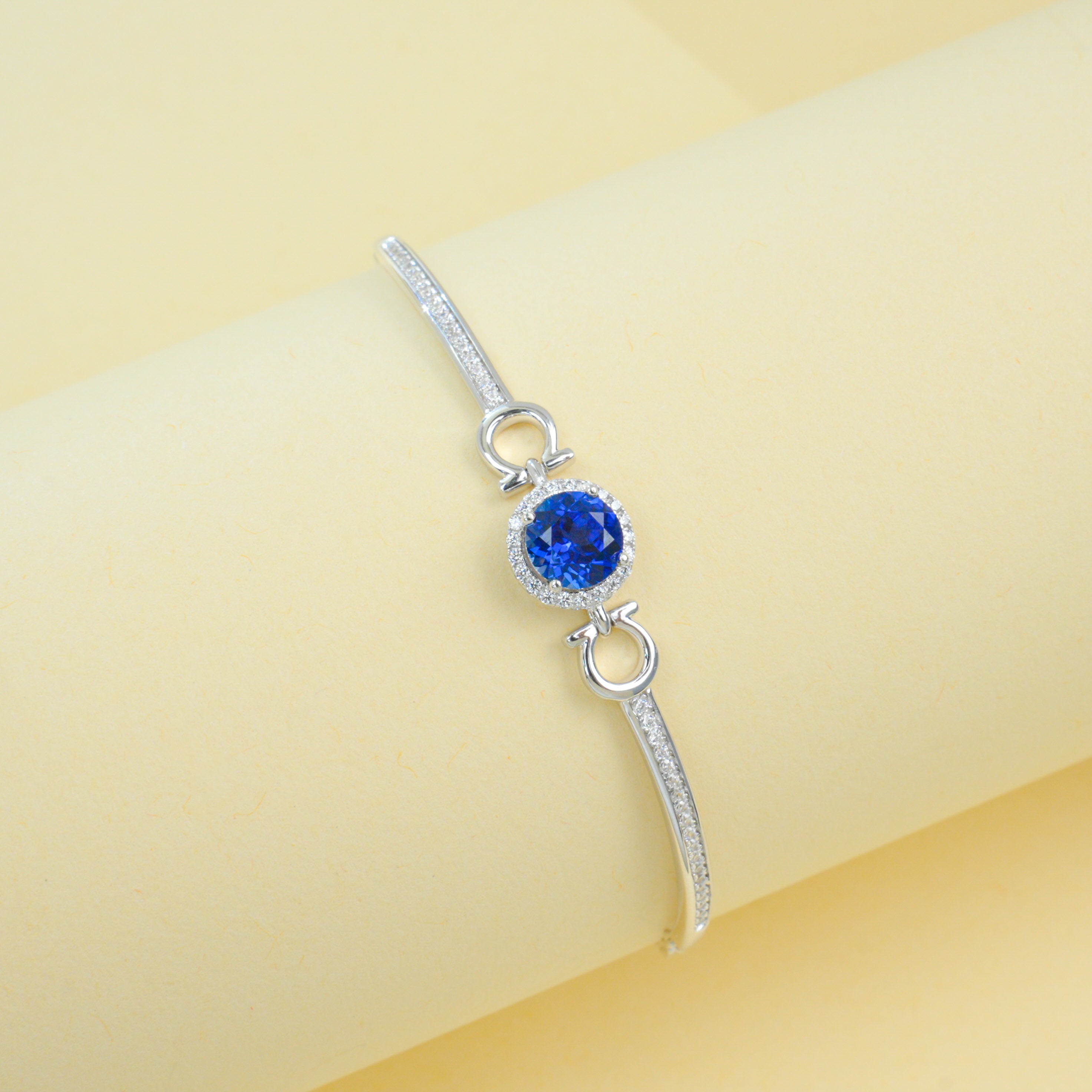 Lab-Grown Sapphire - Round Blue Diamond-Inset Soft-Arc Bracelet