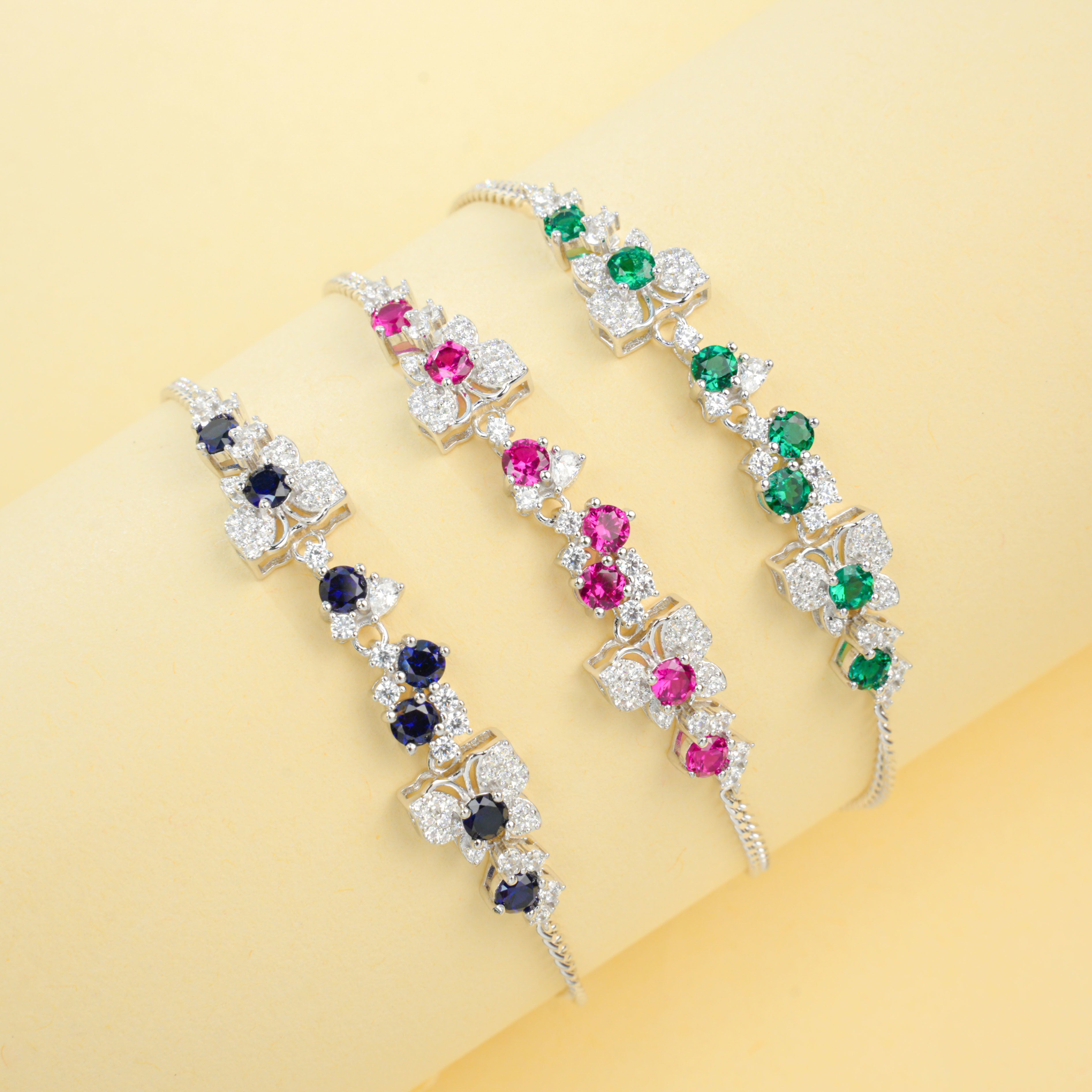 Lab-Grown Emerald - Emerald Cluster Floral Vine Soft-Wrist Bracelet