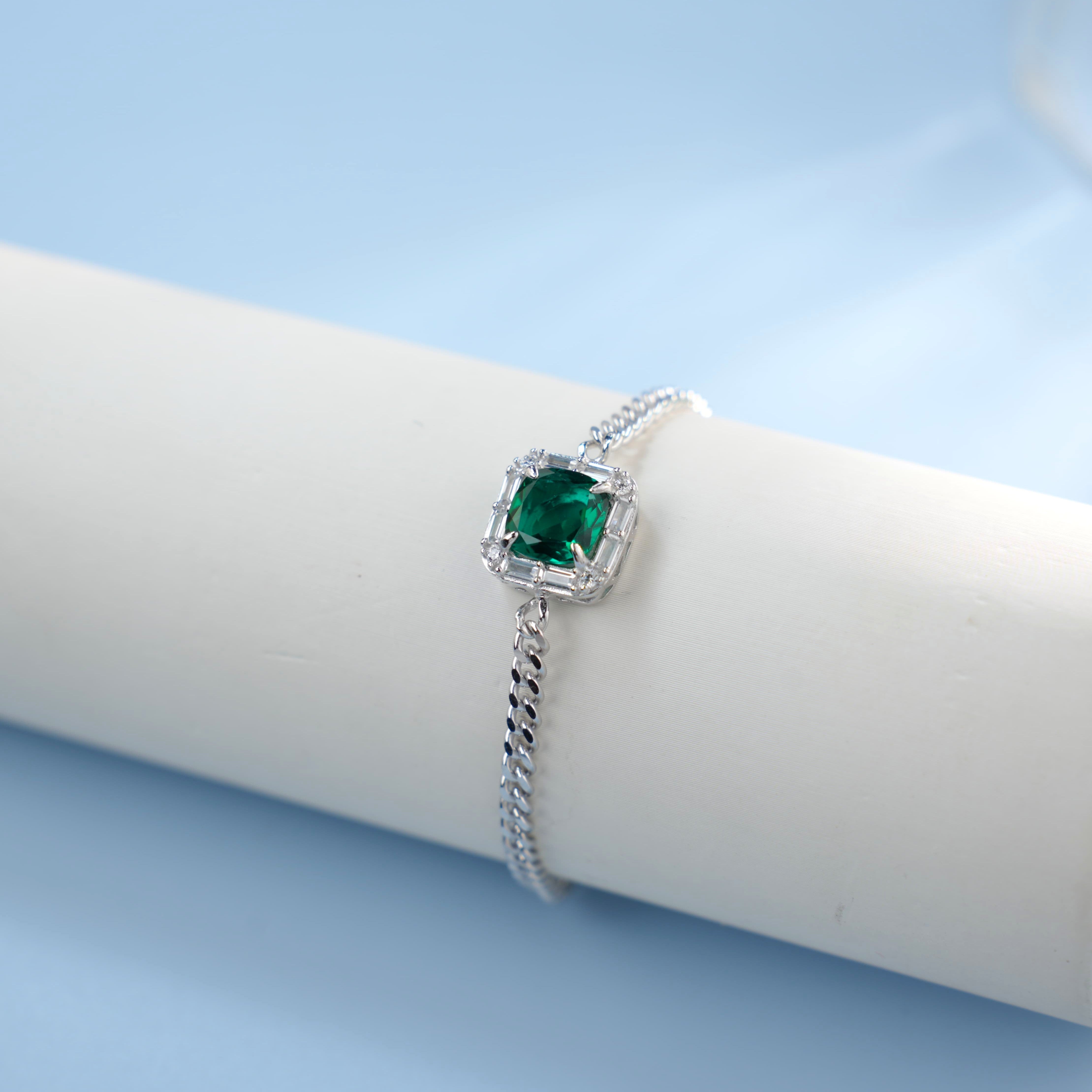 Lab-Grown Emerald - Square Emerald Diamond-Set Chunky Chain Bracelet