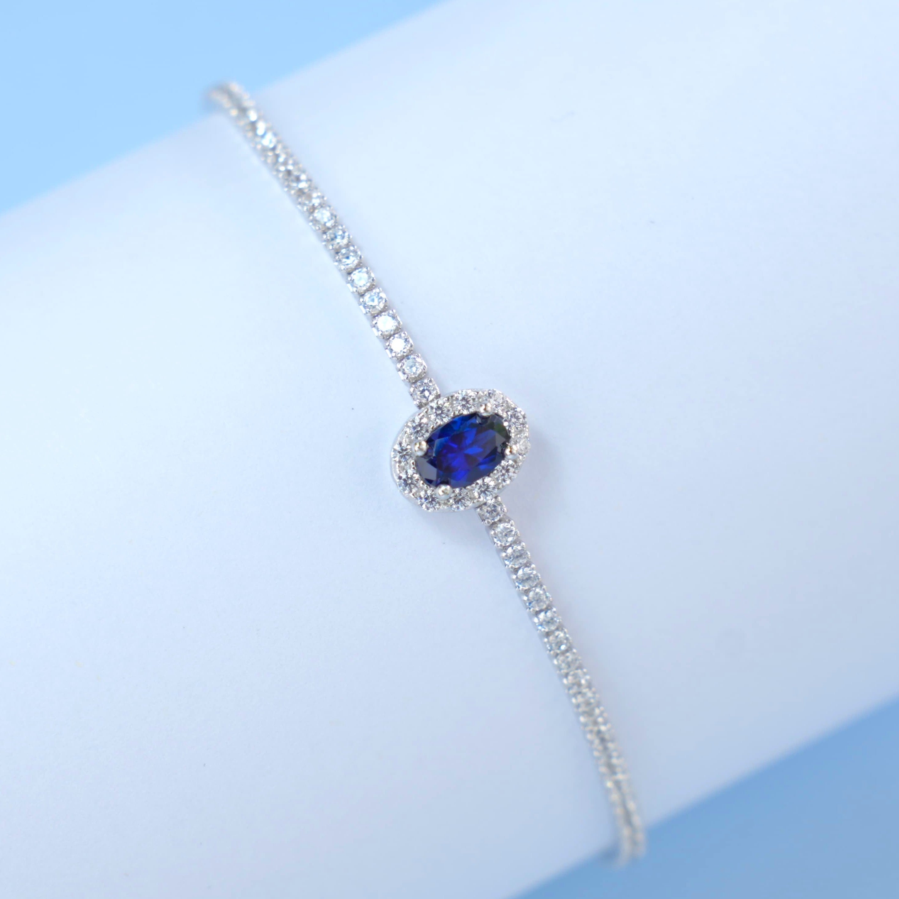Lab-Grown Sapphire - Oval Blue Diamond-Halo Fine Chain Bracelet