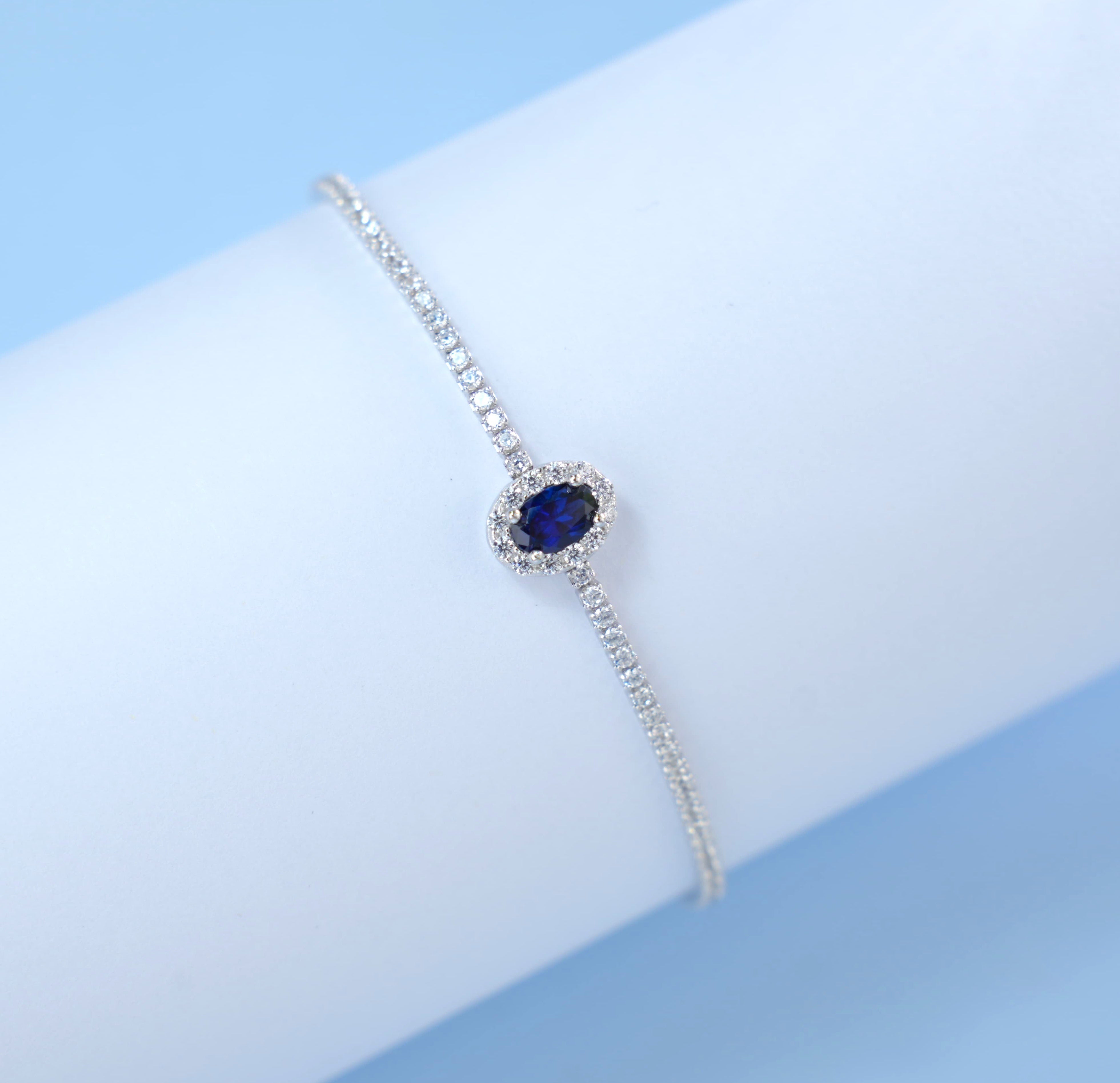 Lab-Grown Sapphire - Oval Blue Diamond-Halo Fine Chain Bracelet