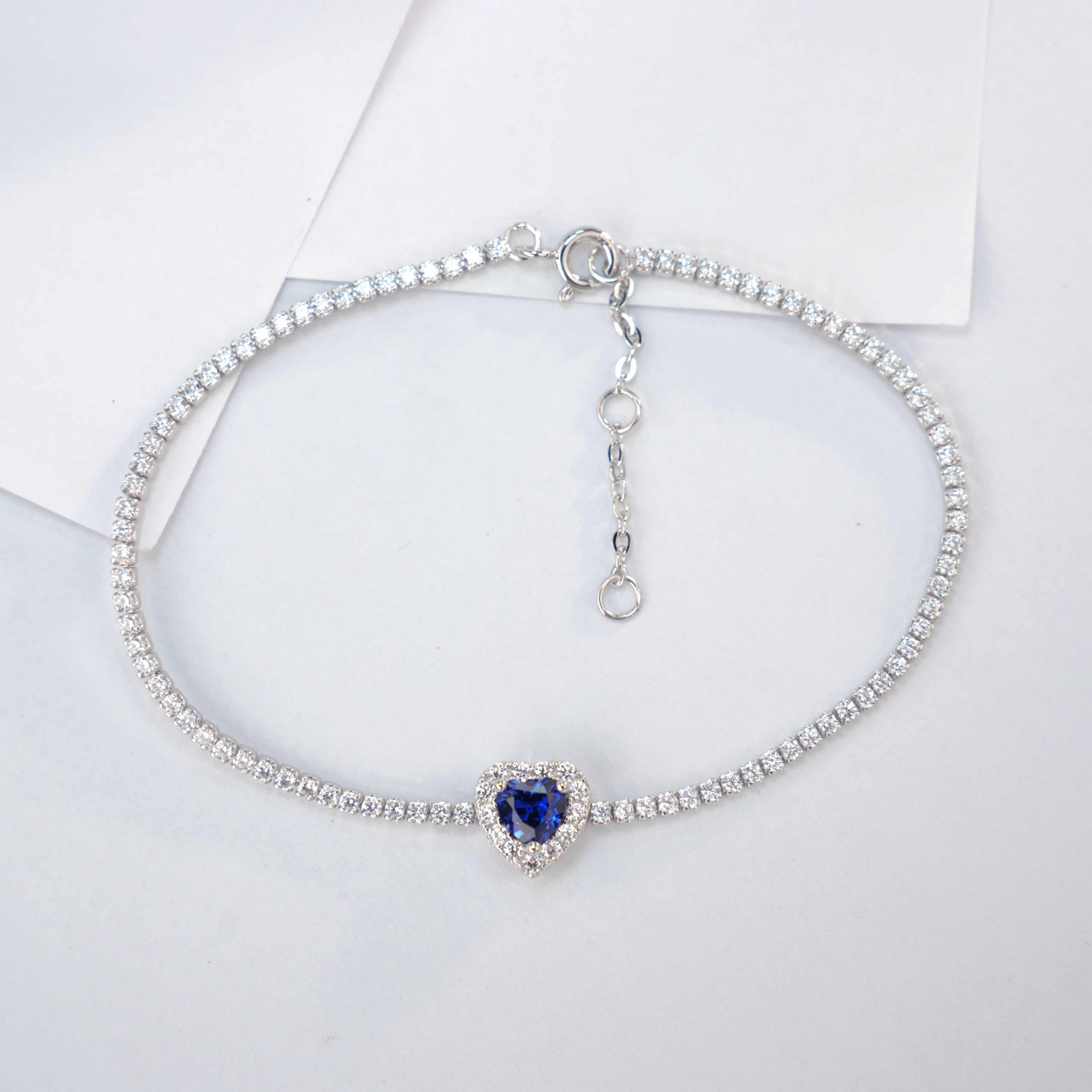 Lab-Grown Sapphire - Blue Heart Diamond-Halo Soft Chain Bracelet