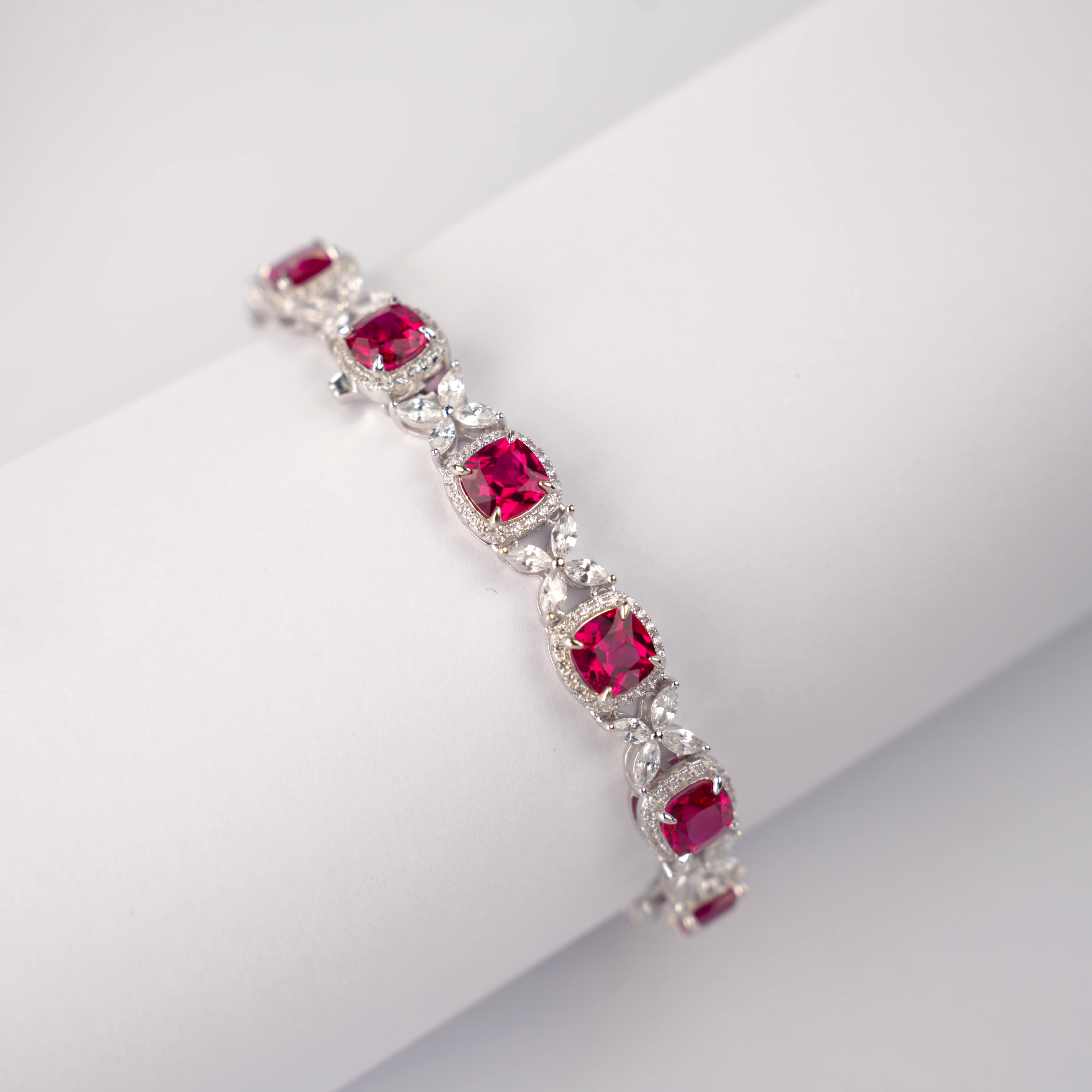 Lab-Grown Ruby - Crimson Diamond Cluster Luxury Bracelet