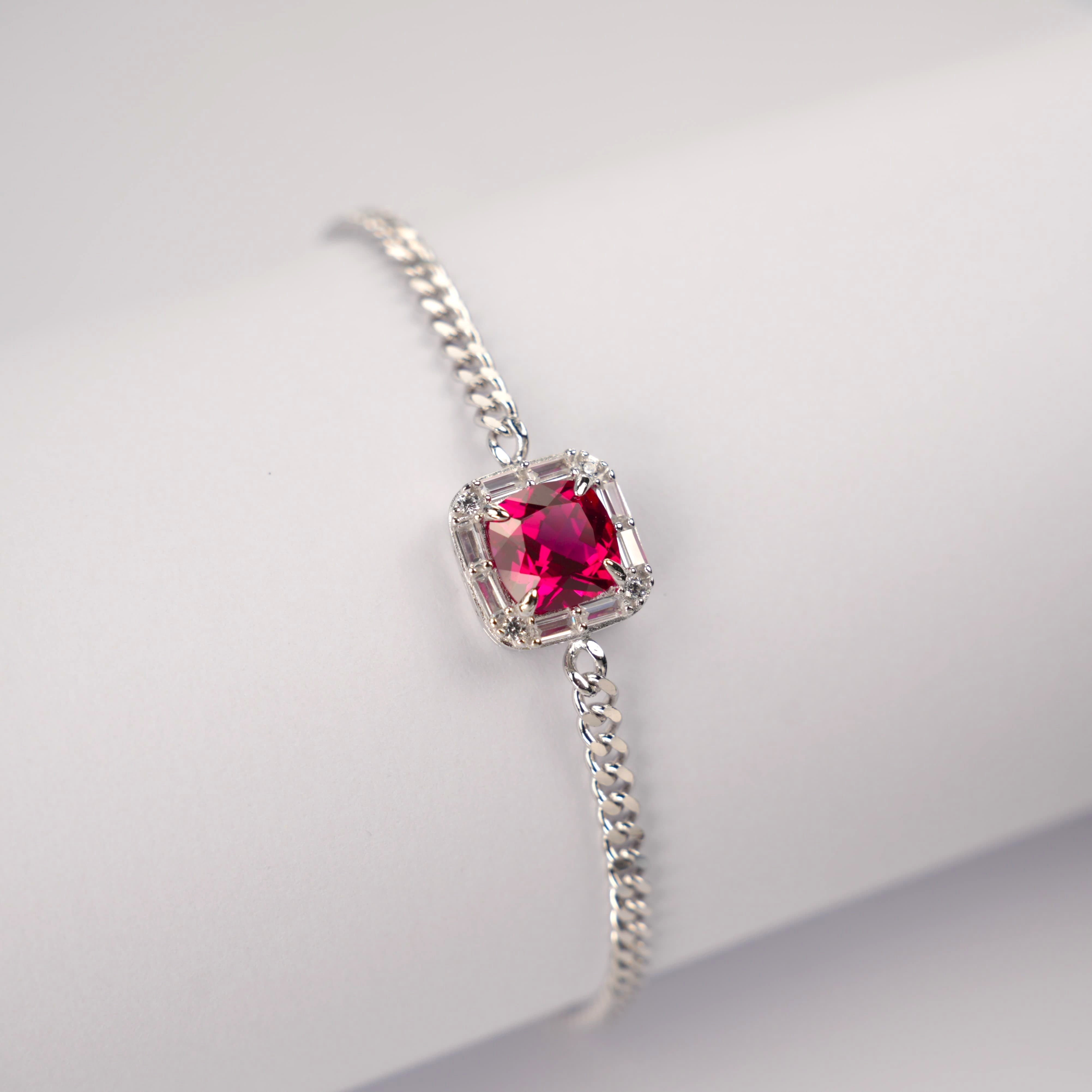 Lab-Grown Ruby - Square Crimson Diamond-Set Chunky Chain Bracelet
