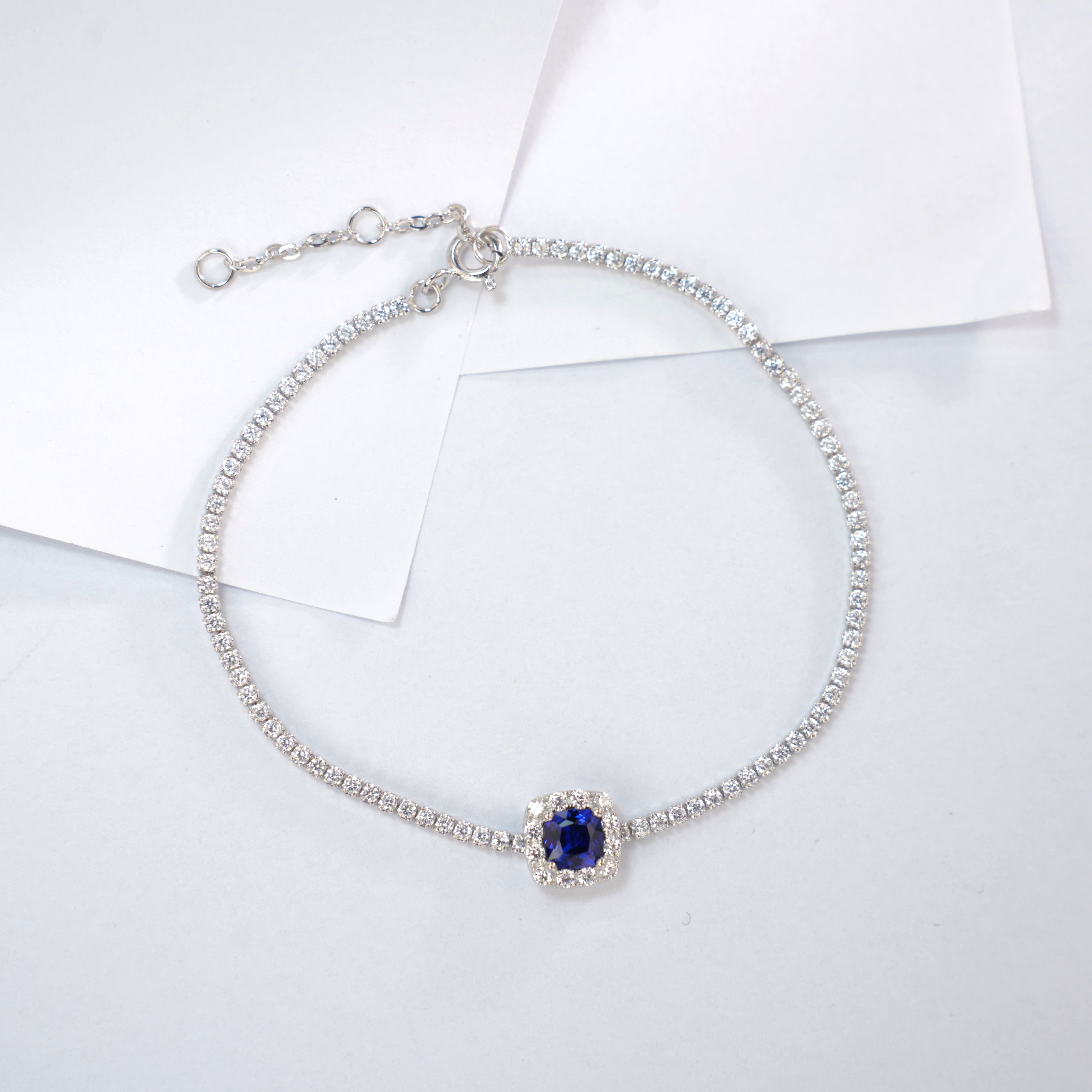 Lab-Grown Sapphire - Square Blue Diamond-Halo Fine Chain Bracelet