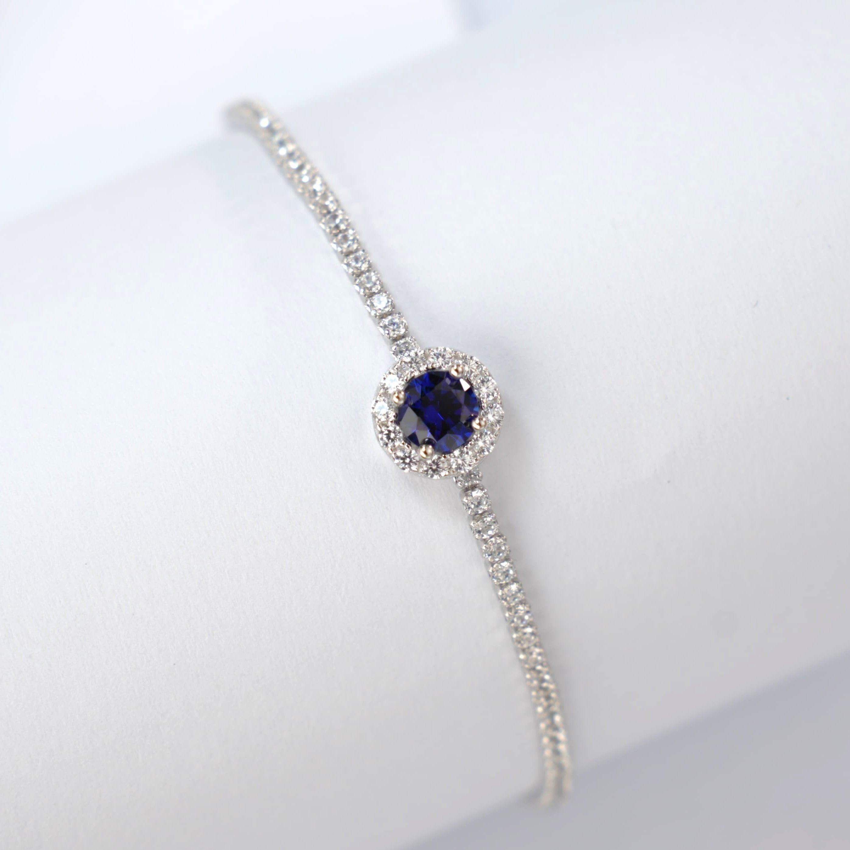 Lab-Grown Sapphire - Round Blue Diamond-Halo Dense Chain Bracelet