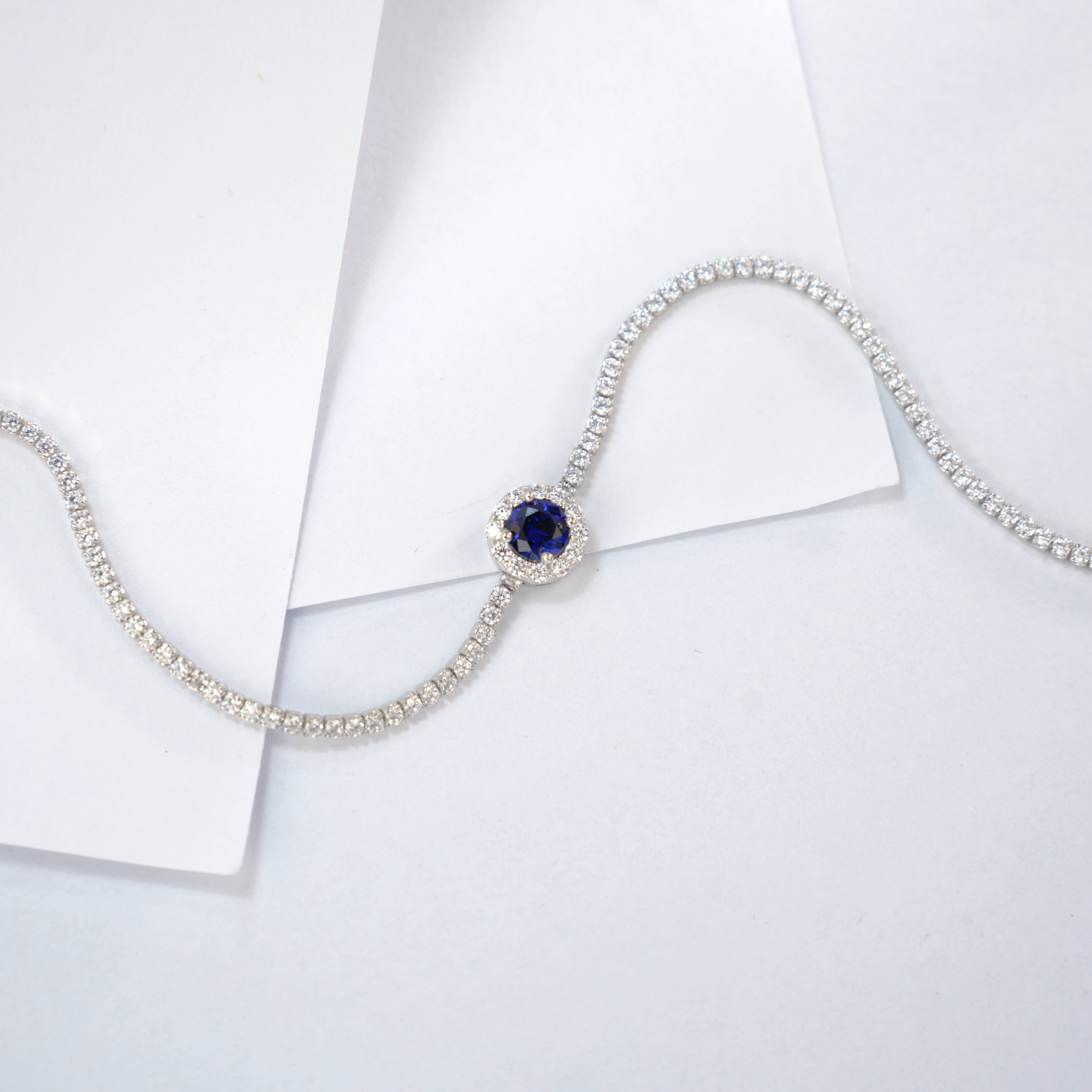 Lab-Grown Sapphire - Round Blue Diamond-Halo Dense Chain Bracelet