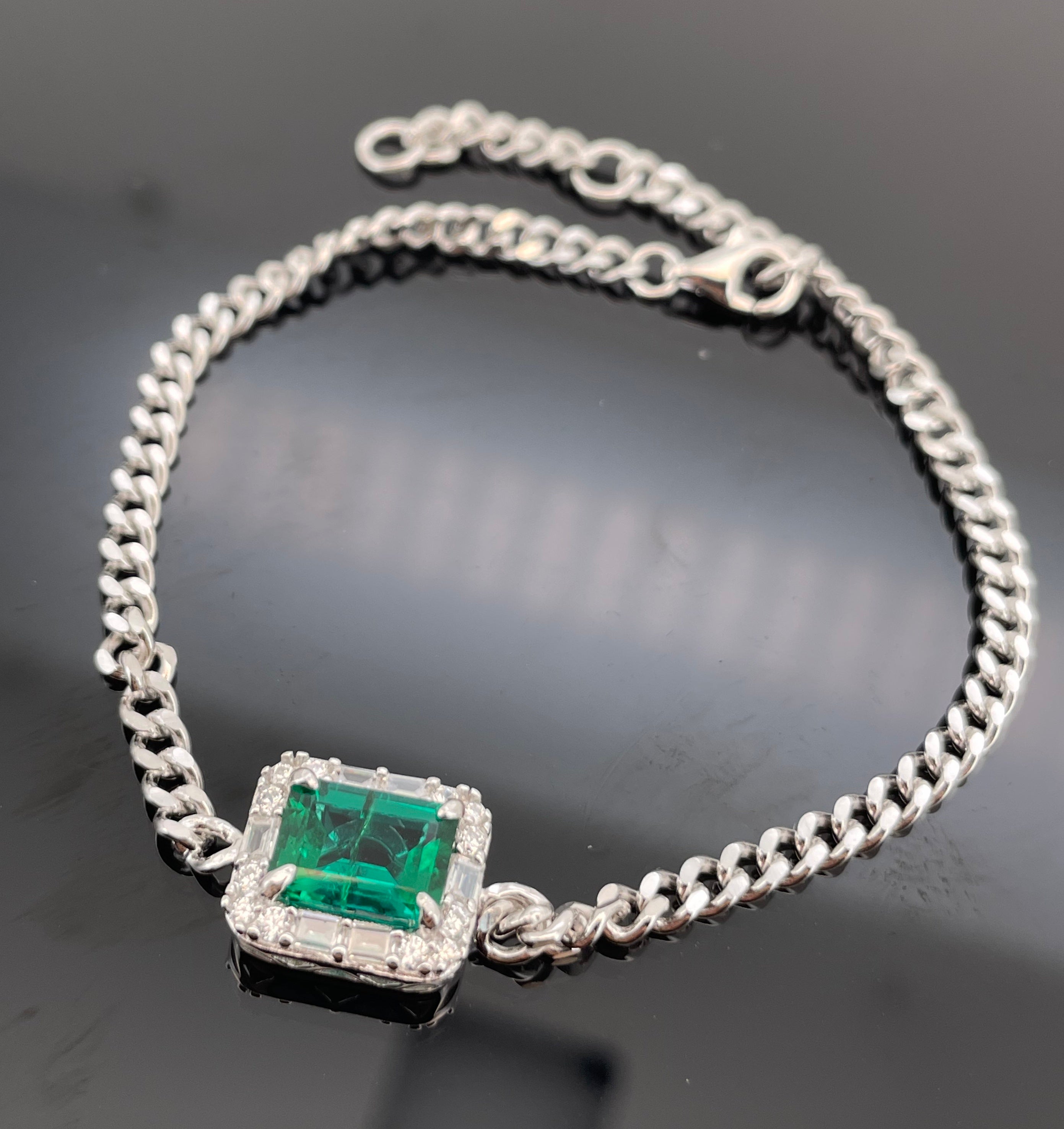 Lab-Grown Emerald - Square Emerald Diamond-Set Cuban Link Bracelet