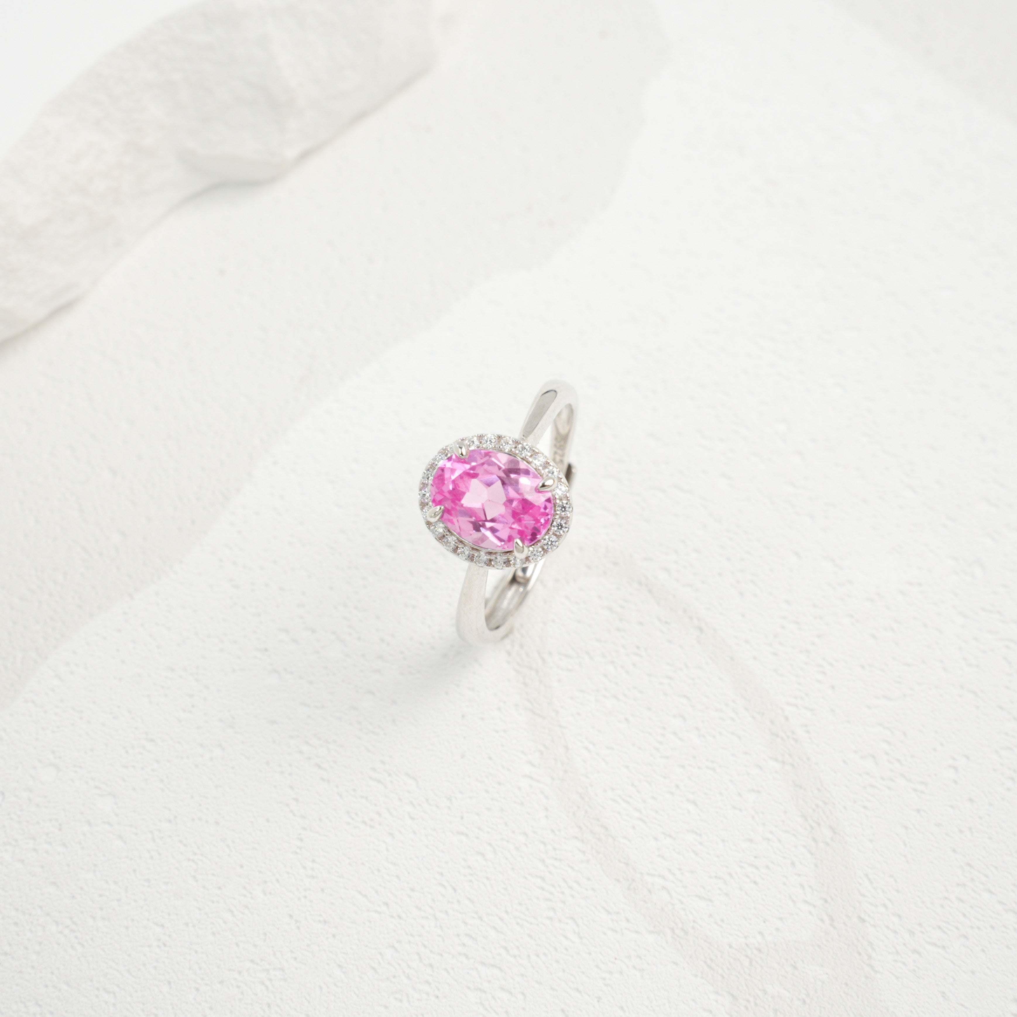 Lab-Grown Padparadscha - Pink Oval Diamond-Halo Soft Ring