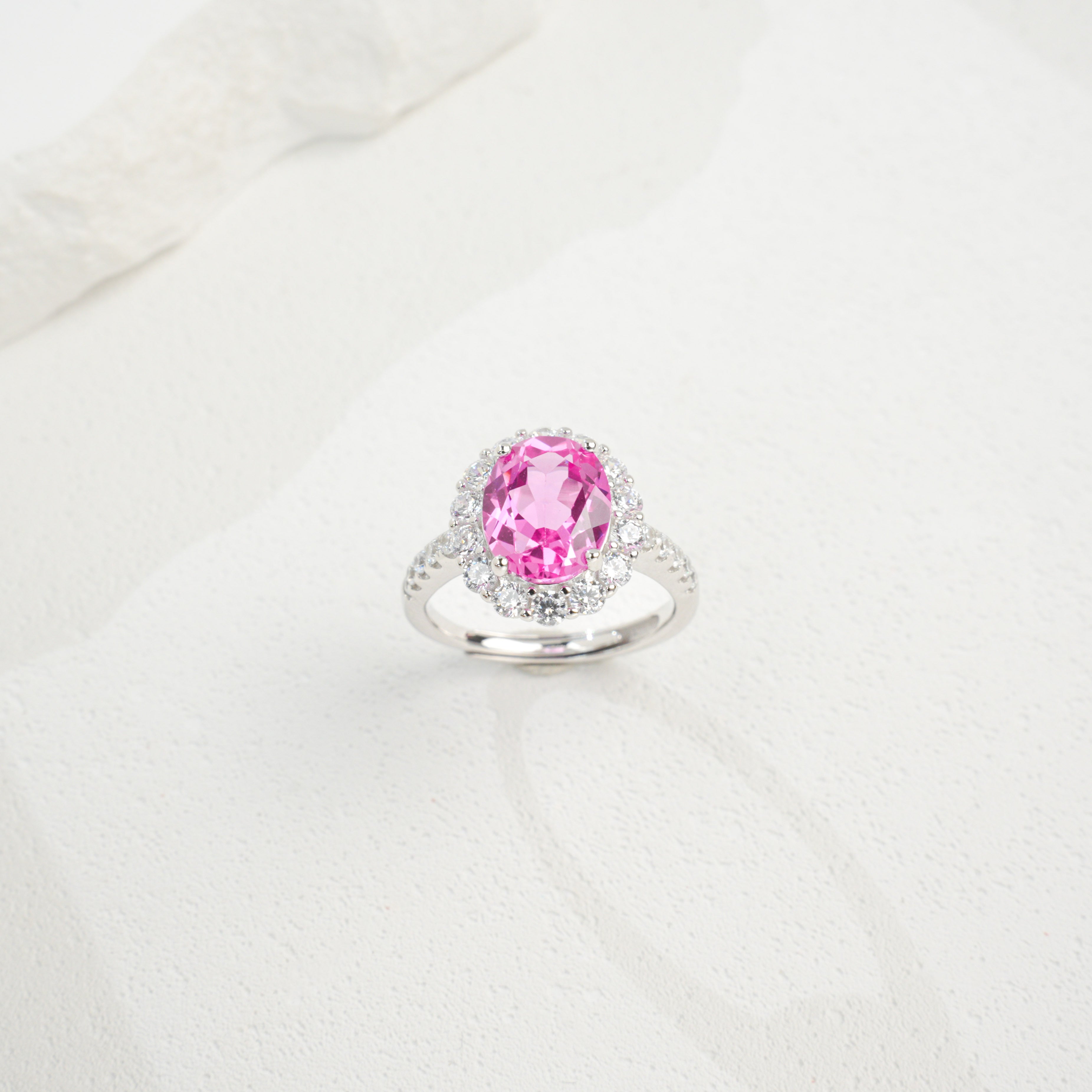 Lab-Grown Padparadscha - Pink Oval Diamond-Halo Soft Ring