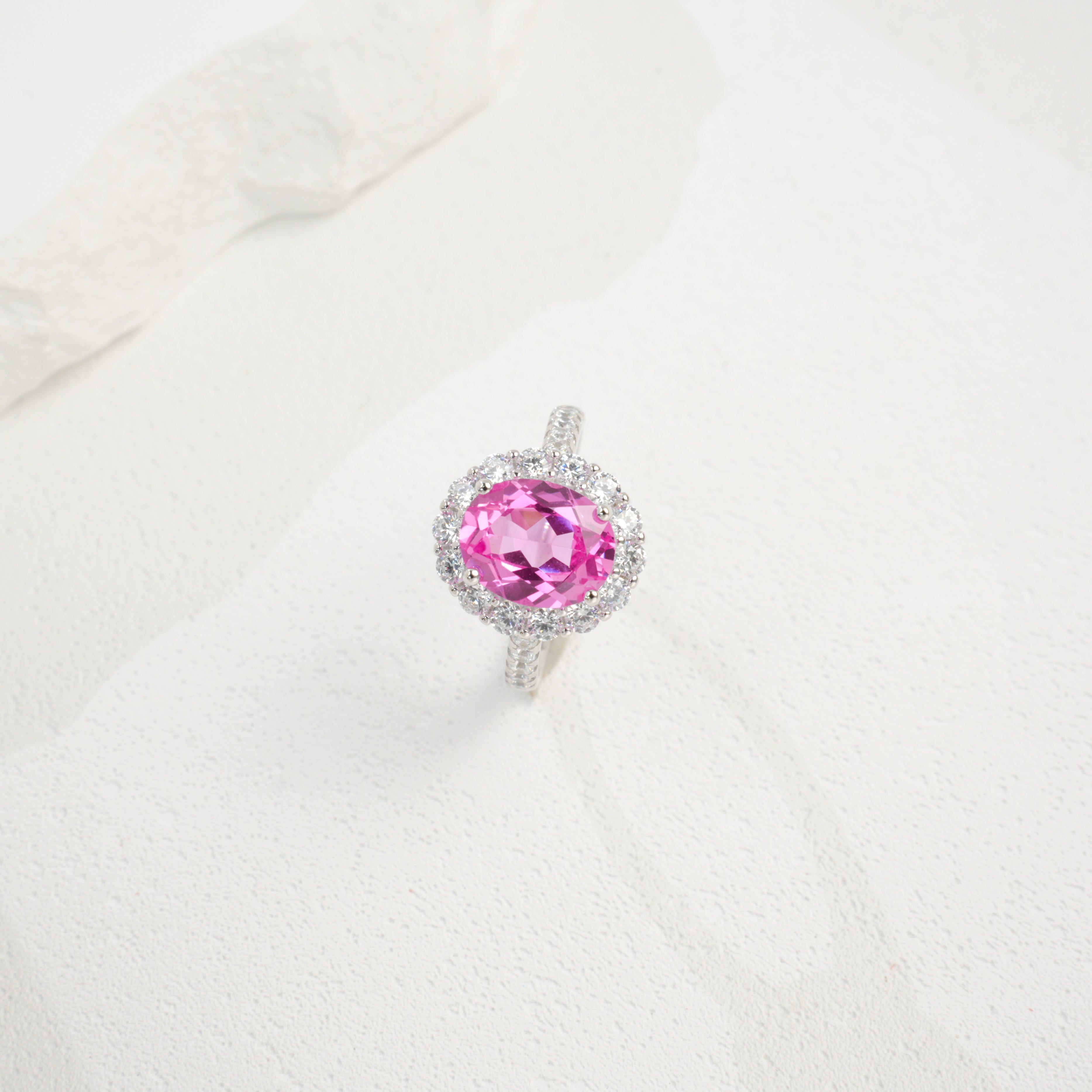 Lab-Grown Padparadscha - Pink Oval Diamond-Halo Soft Ring