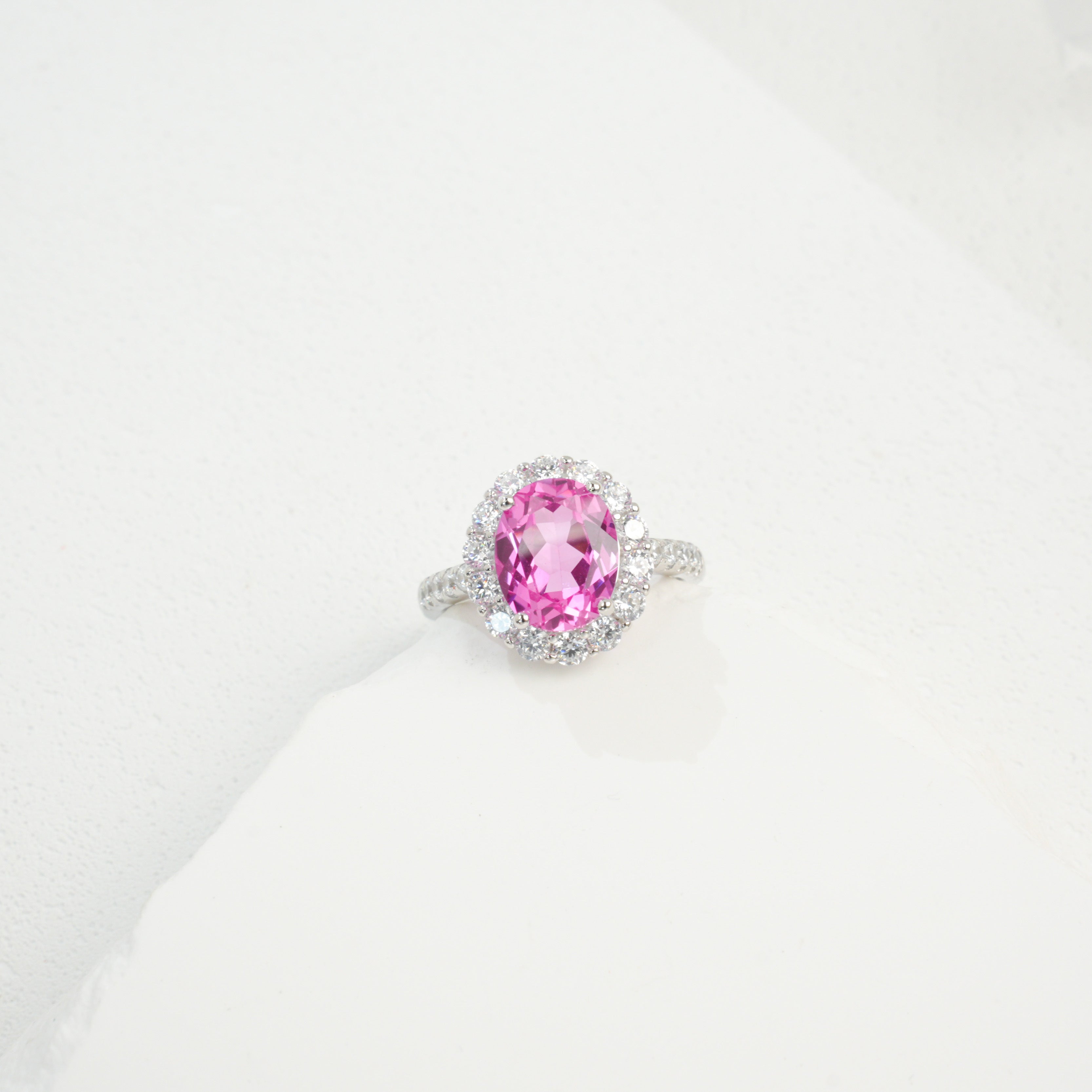 Lab-Grown Padparadscha - Pink Oval Diamond-Halo Soft Ring