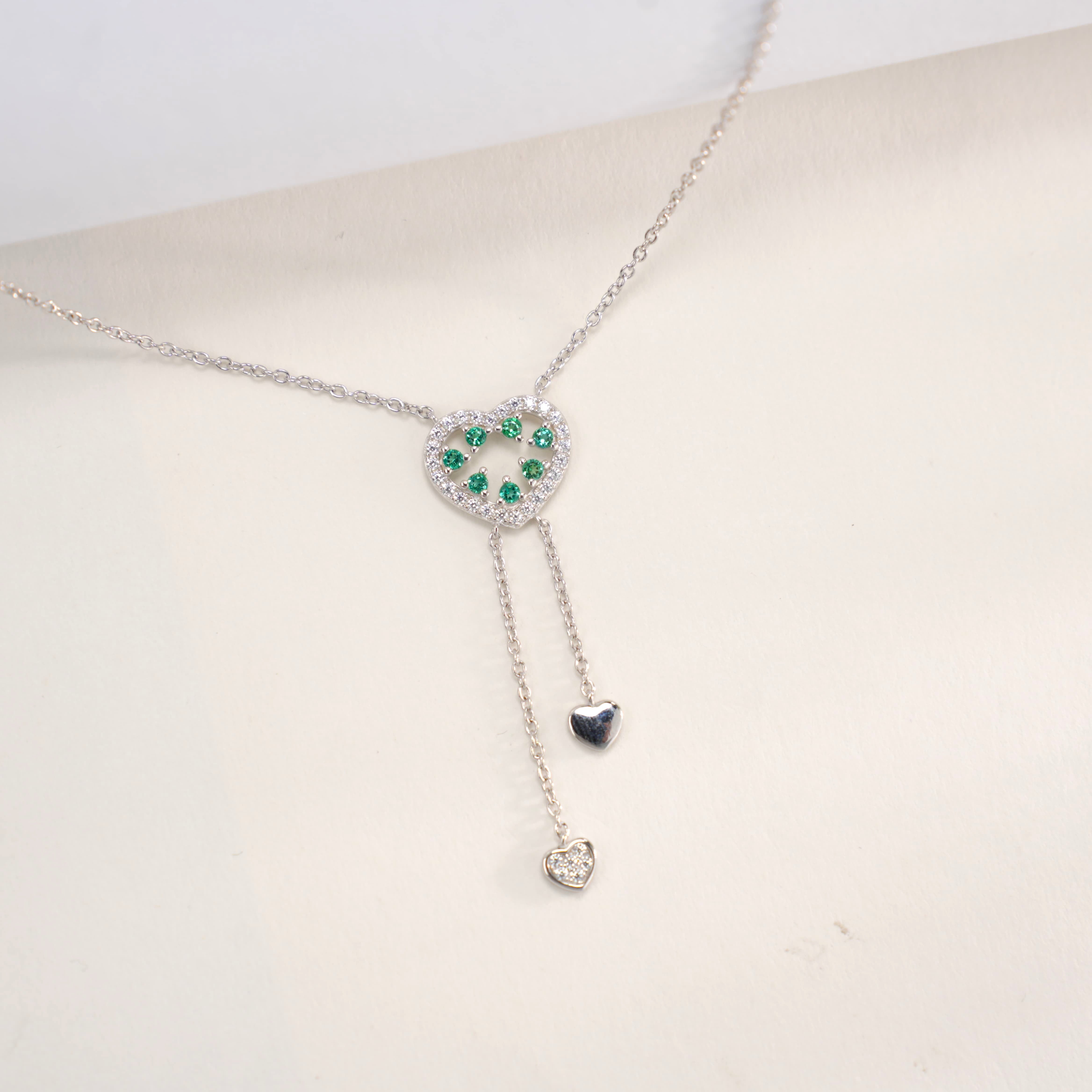 Lab-Grown Emerald - Emerald Heart Tassel Dual-Pendant Necklace