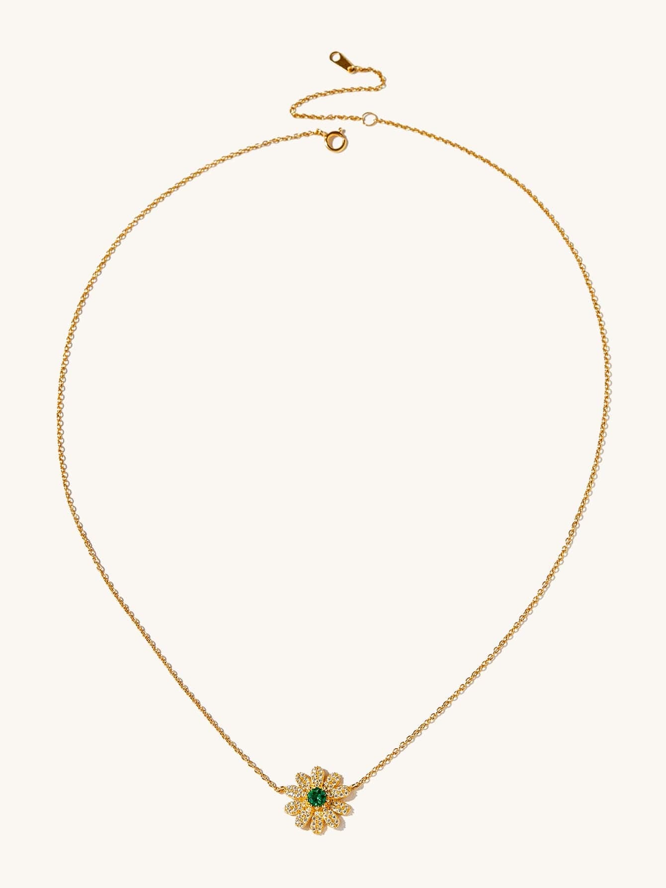 Lab-Grown Emerald - Emerald Pistil Daisy Gold Chain Necklace