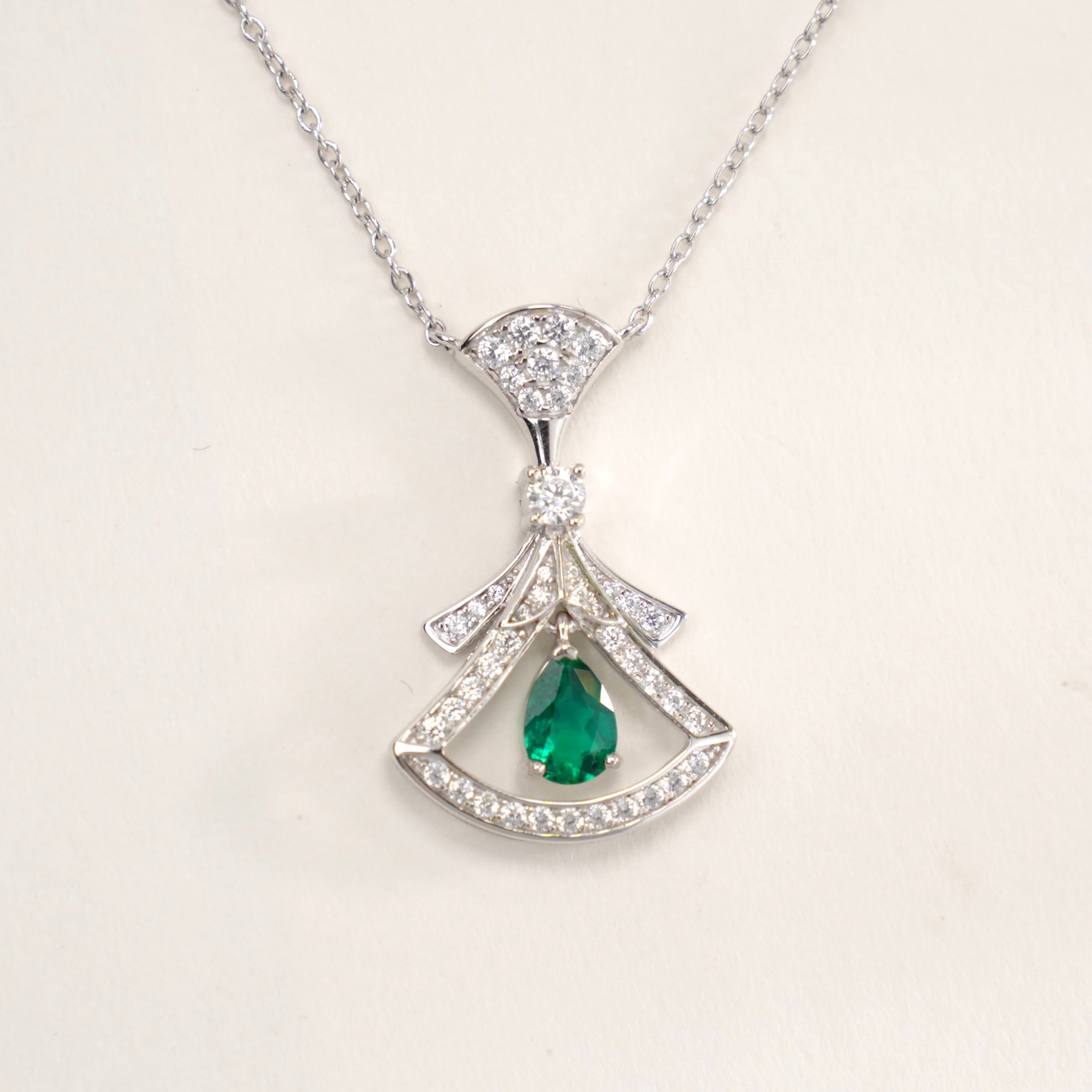 Lab-Grown Emerald - Emerald Fan Diamond-Encrusted Floating Pendant