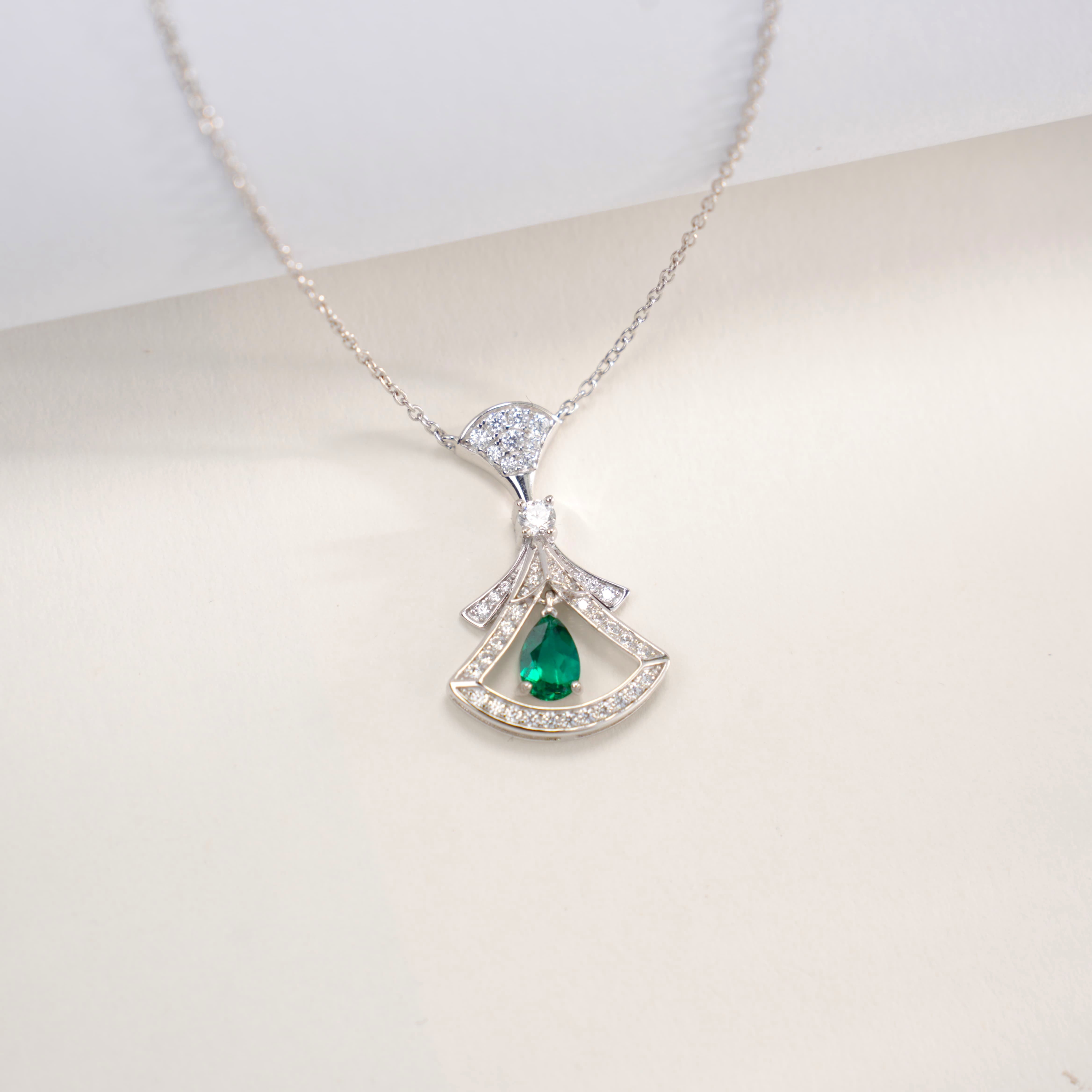 Lab-Grown Emerald - Emerald Fan Diamond-Encrusted Floating Pendant