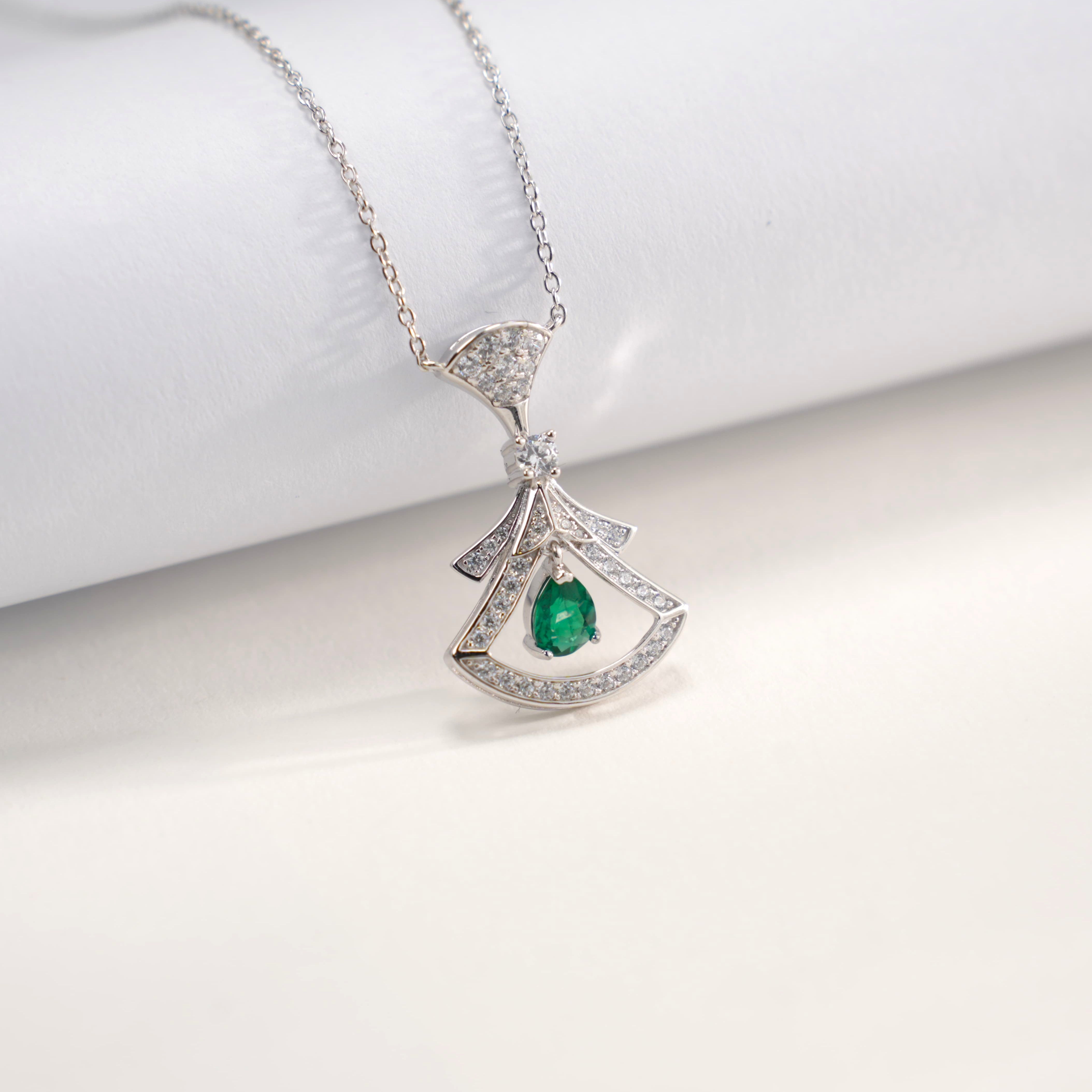 Lab-Grown Emerald - Emerald Fan Diamond-Encrusted Floating Pendant
