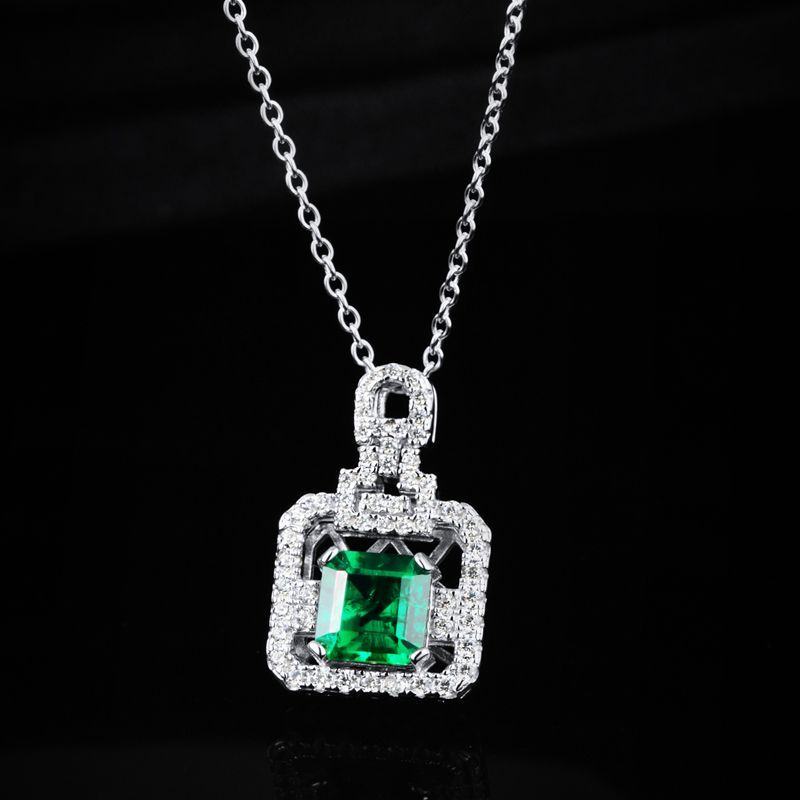 Lab-Grown Emerald - Emerald Square Diamond-Encrusted Square Frame Pendant