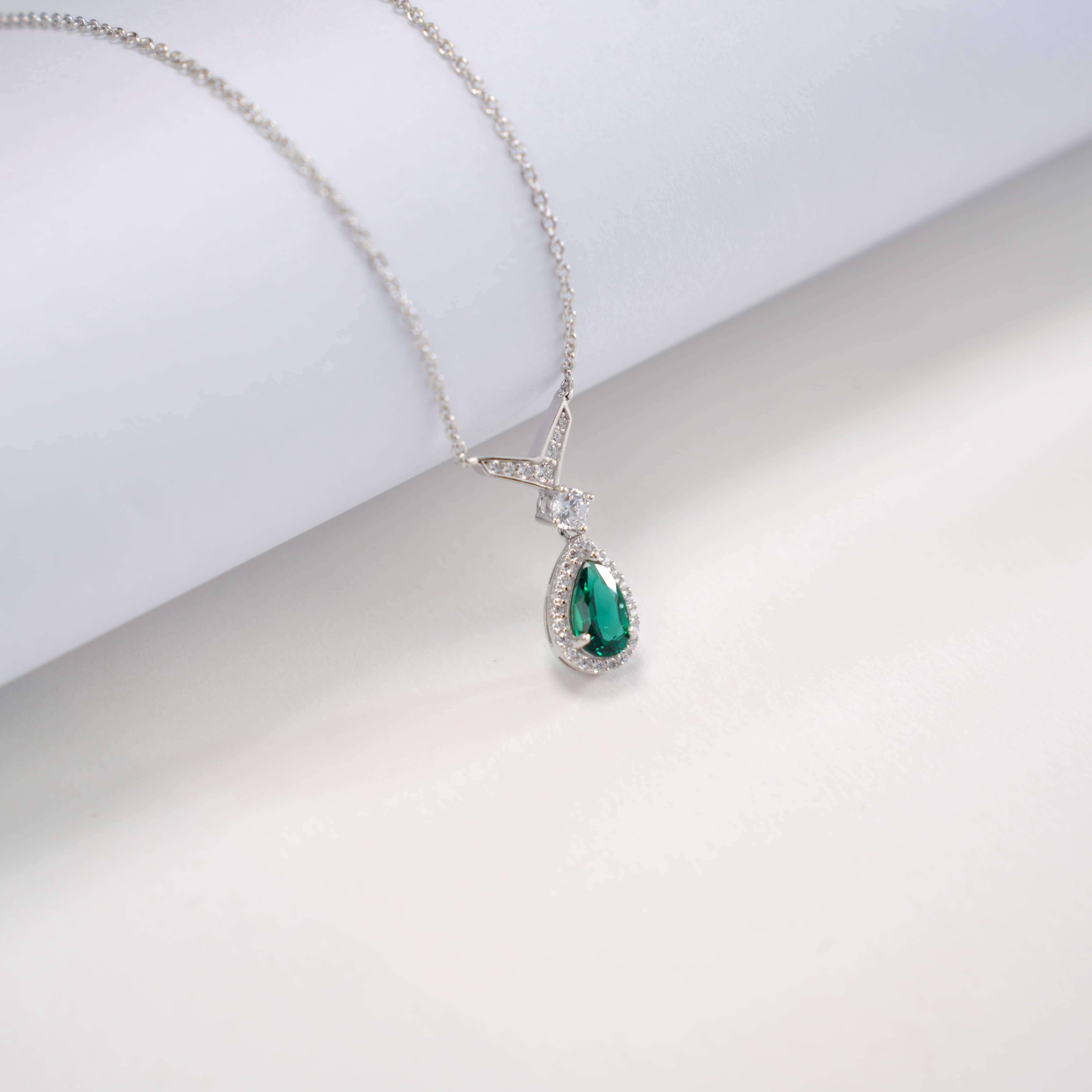 Lab-Grown Emerald - Emerald Dew Diamond-Halo Teardrop Pendant
