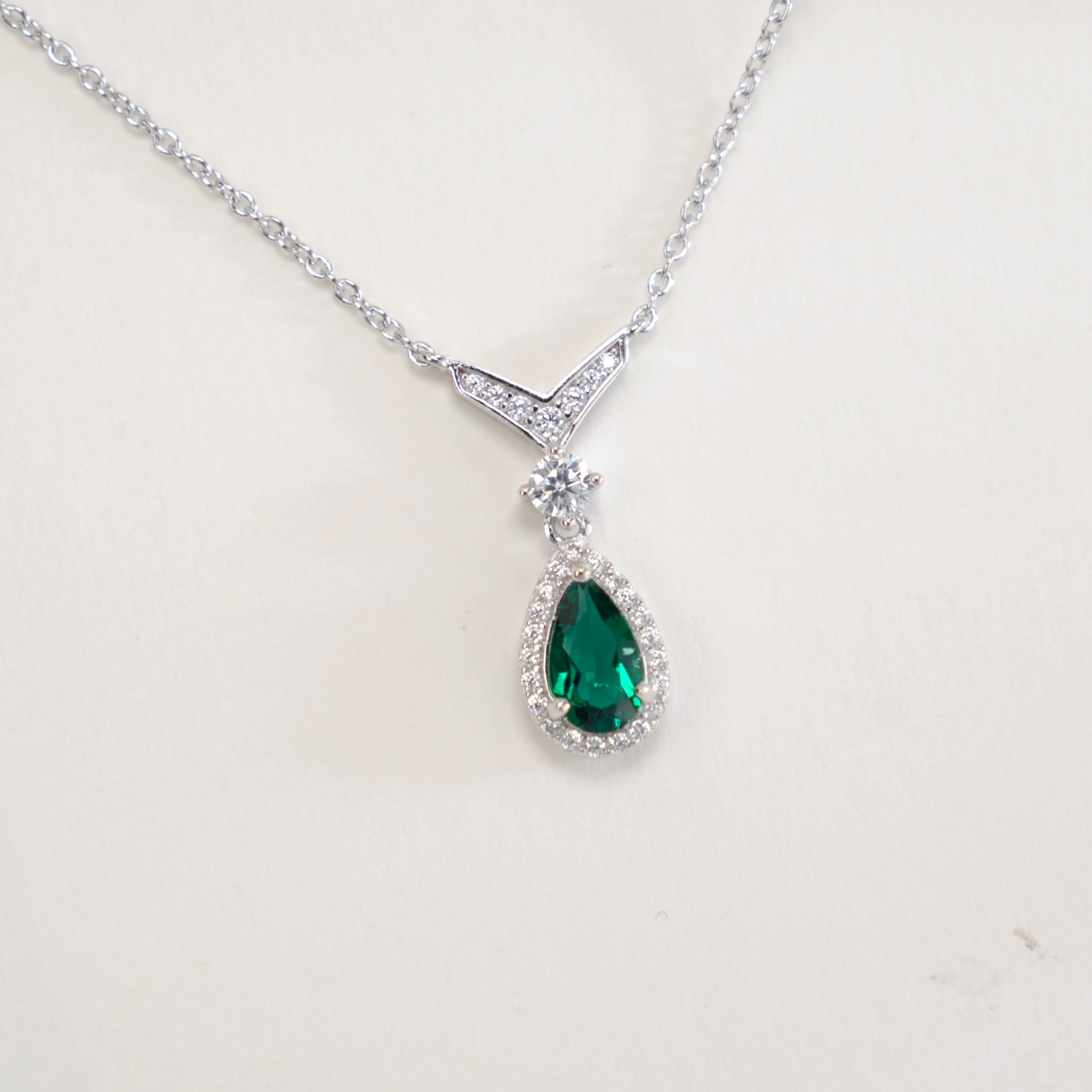 Lab-Grown Emerald - Emerald Dew Diamond-Halo Teardrop Pendant
