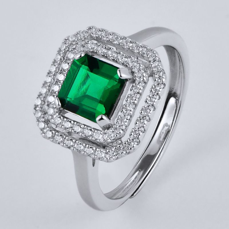 Lab-Grown Emerald - Emerald Square Double-Frame Full-Diamond Ring