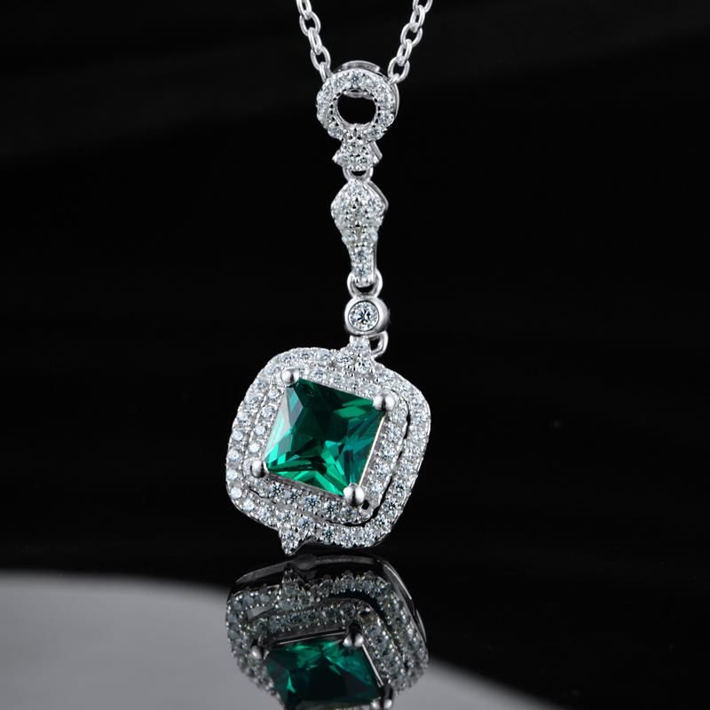Lab-Grown Emerald - Emerald Square Diamond-Accented Vintage Pendant