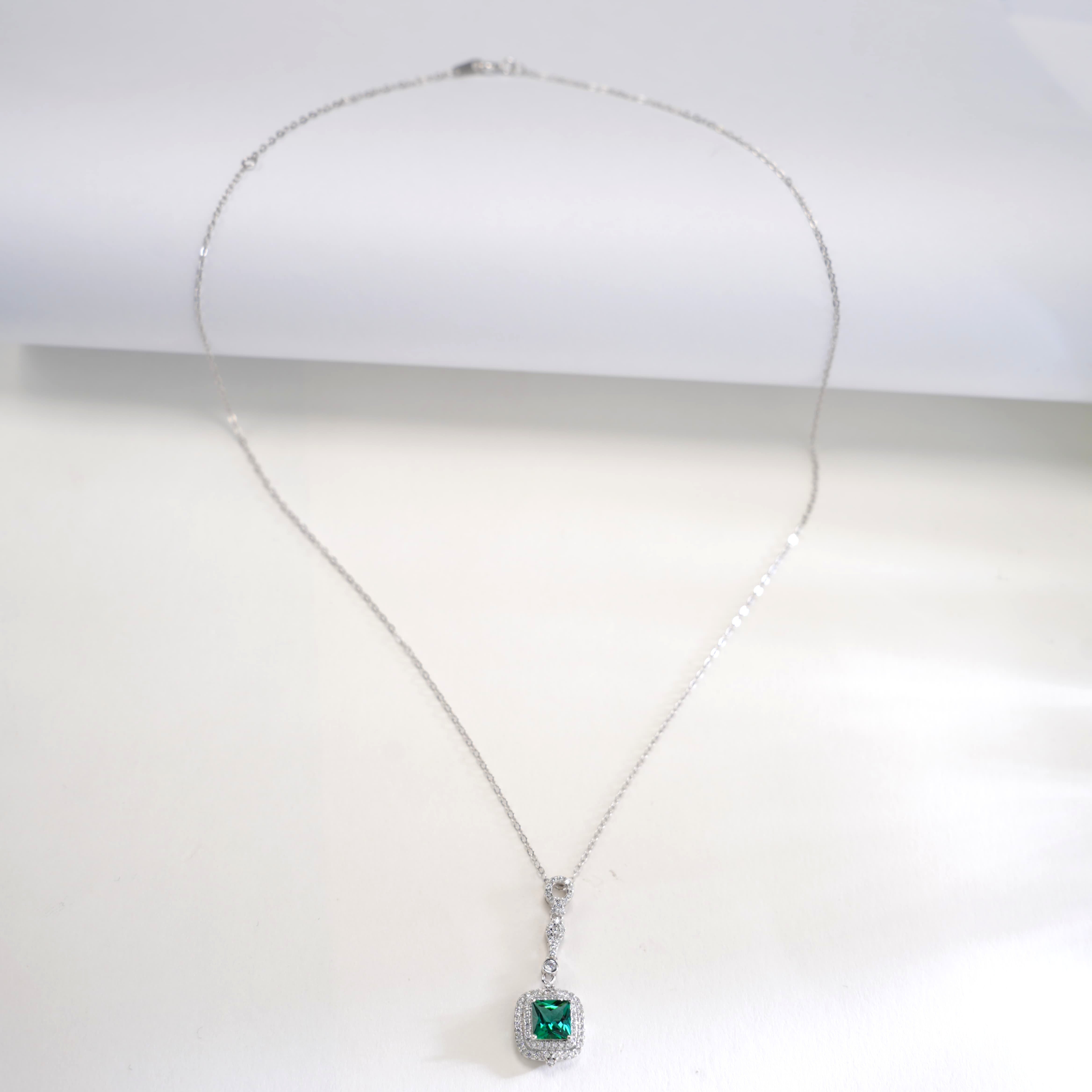 Lab-Grown Emerald - Emerald Square Diamond-Accented Vintage Pendant