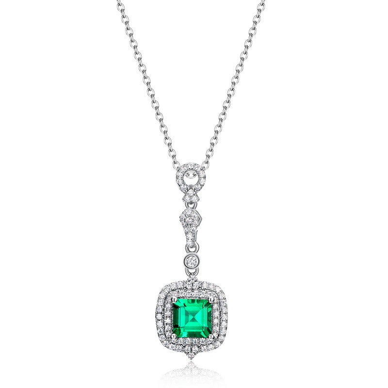 Lab-Grown Emerald - Emerald Square Diamond-Accented Vintage Pendant