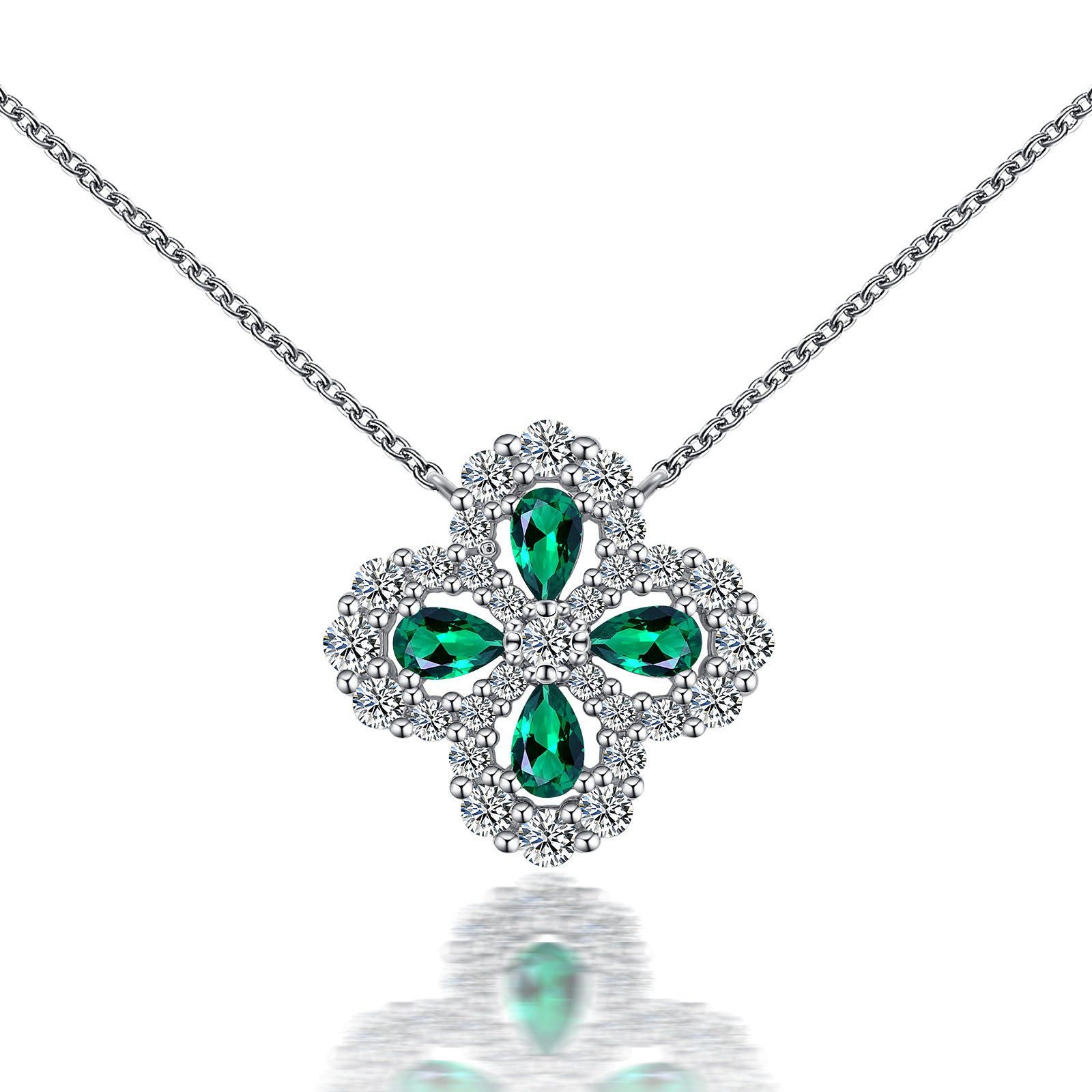 Lab-Grown Emerald - Emerald Teardrop Diamond Cluster Four-Leaf Pendant