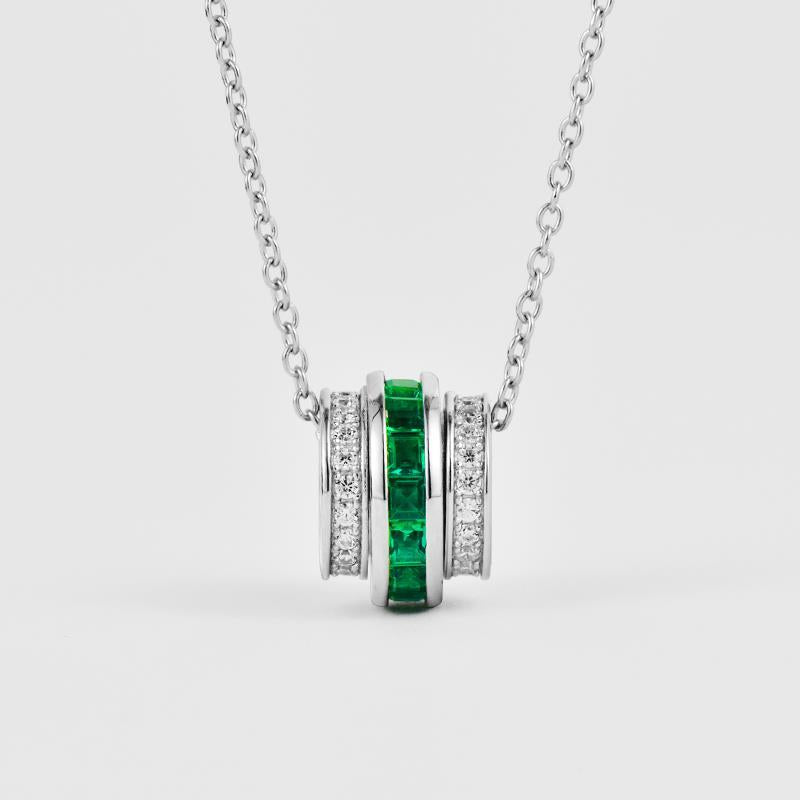 Lab-Grown Emerald - Emerald Bead Diamond-Hoop Round Charm Pendant