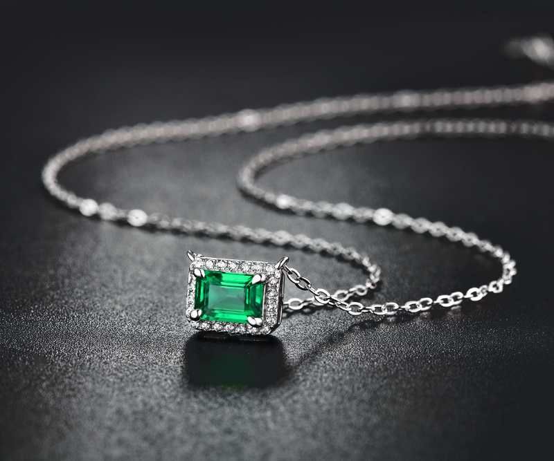Lab-Grown Emerald - Emerald Rectangle Diamond-Halo Square Plaque Pendant